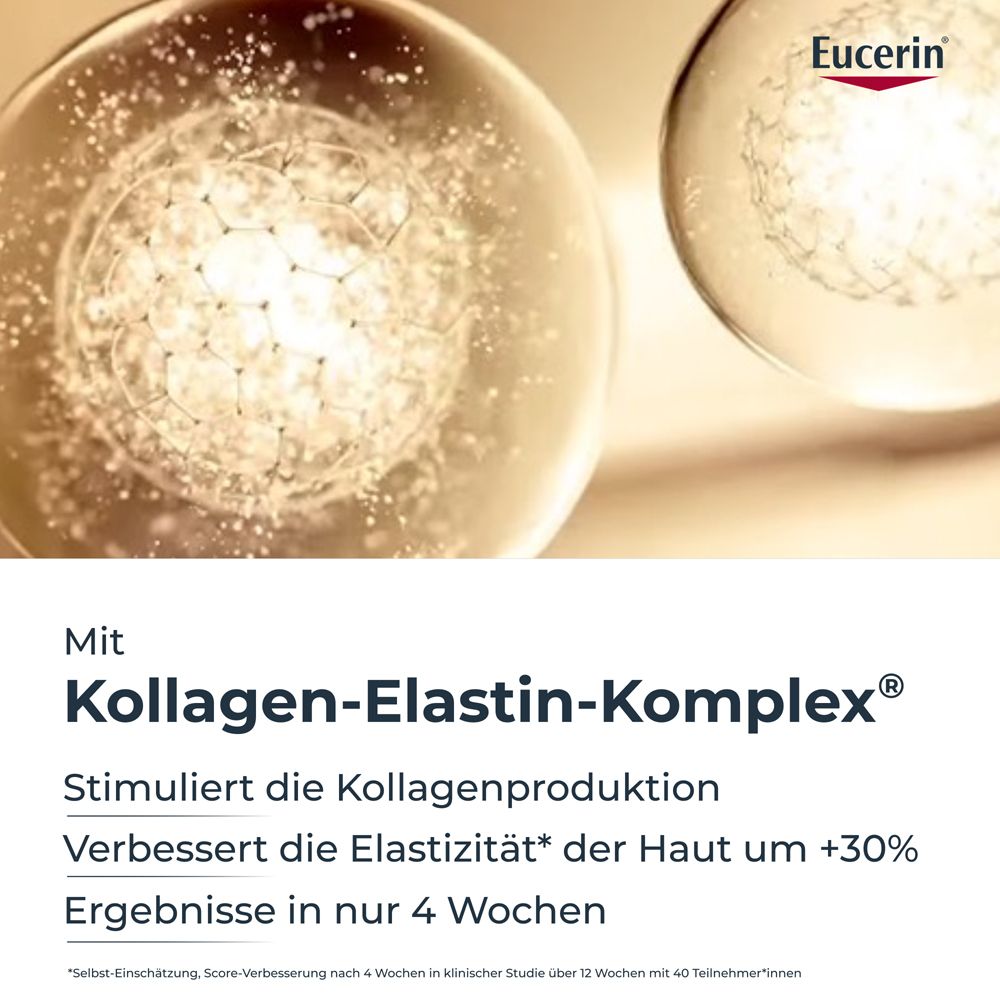 Nahaufnahme von zwei Flüssigkeitsblasen. Text: Kollagen-Elastin-Komplex. Ergebnisse in 4 Wochen.