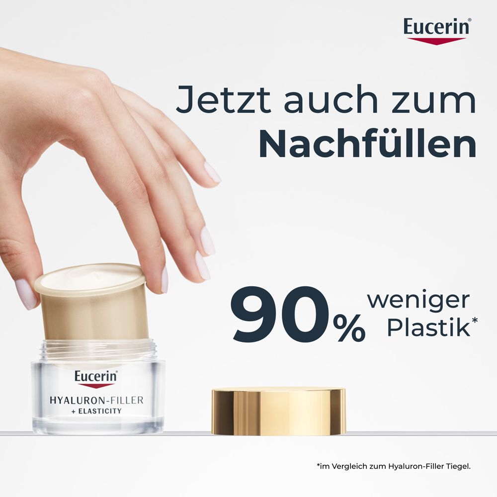 Hand setzt Nachfüllkapsel in Tiegel. Text: Jetzt auch zum Nachfüllen. 90% weniger Plastik.