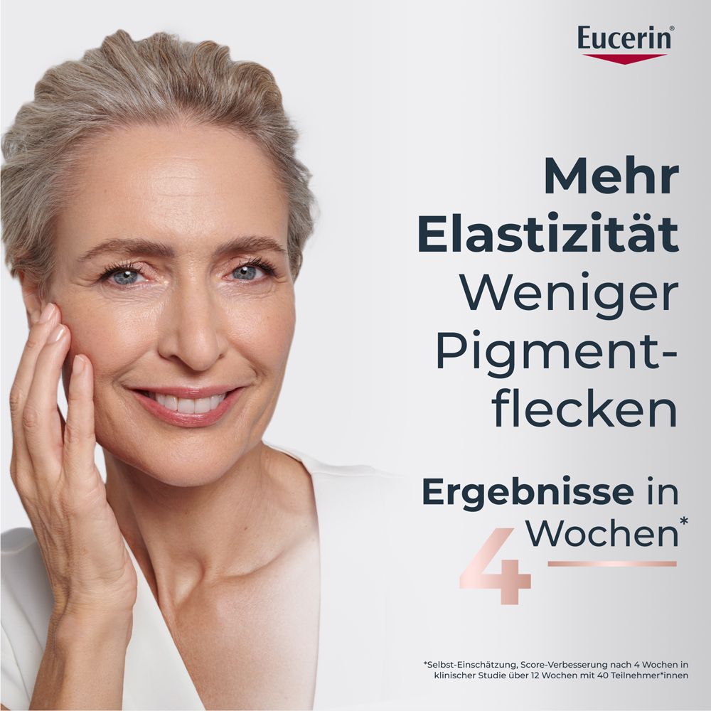 Frau mit Haut. Text: Mehr Elastizität, weniger Pigmentflecken. Ergebnisse in 4 Wochen. Eucerin Logo.