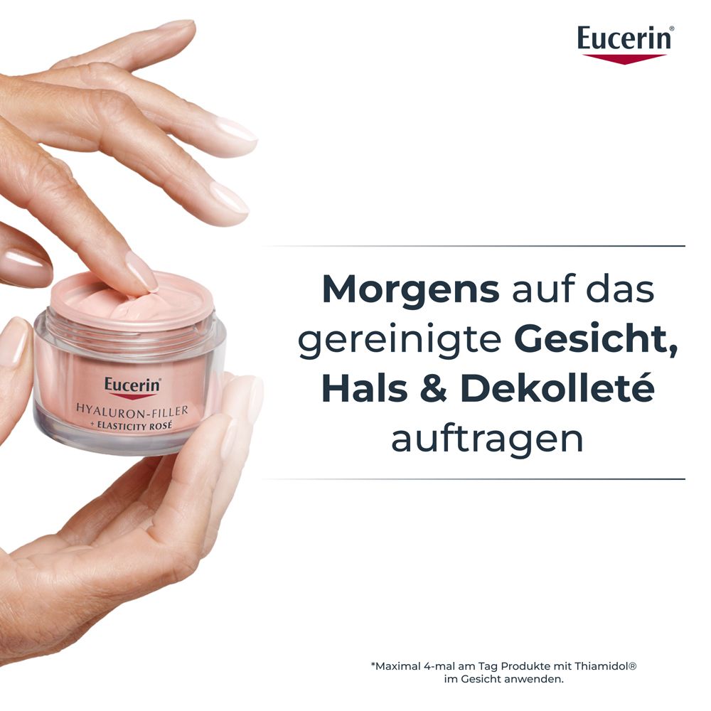 Hände halten Tiegel mit Creme. Text: Morgens auf das gereinigte Gesicht, Hals & Dekolleté auftragen. Eucerin Logo.