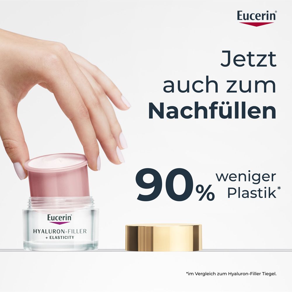 Hand hält Tiegel mit Creme. Text: Jetzt auch zum Nachfüllen. 90% weniger Plastik. Eucerin Logo.