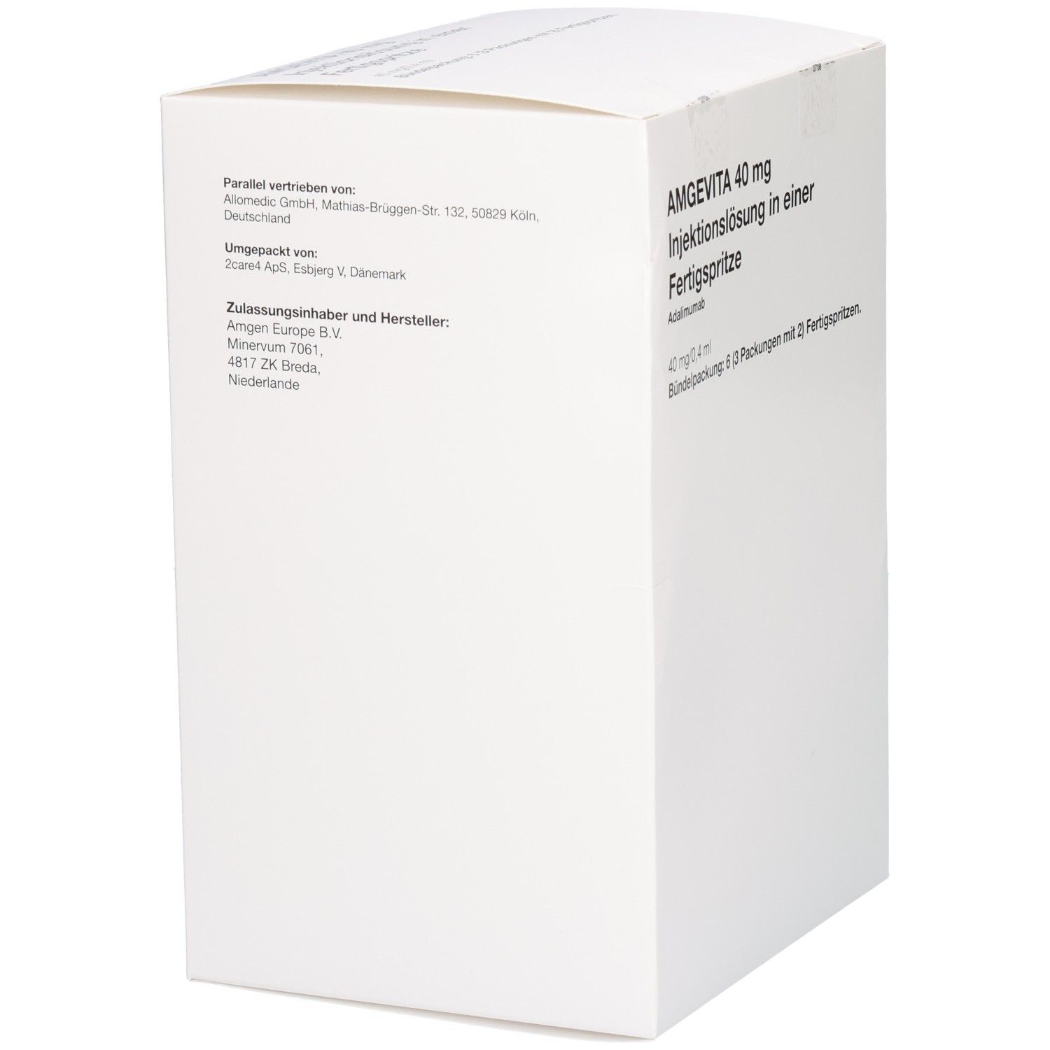 AMGEVITA 40 mg Injektionslösung. Zulassungsinhaber und Hersteller: AbbVie B.V. Parallel vertrieben von: Alcedo GmbH.