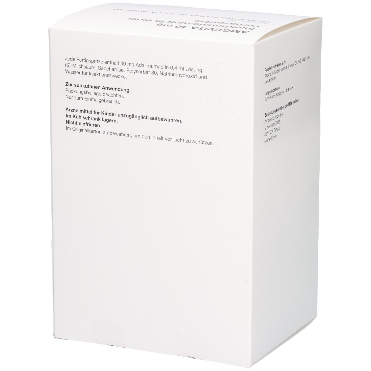 AMGEVITA 40 mg Adalimumab. Zur subkutanen Anwendung. In Originalverpackung, vor Licht schützen. Im Kühlschrank lagern.