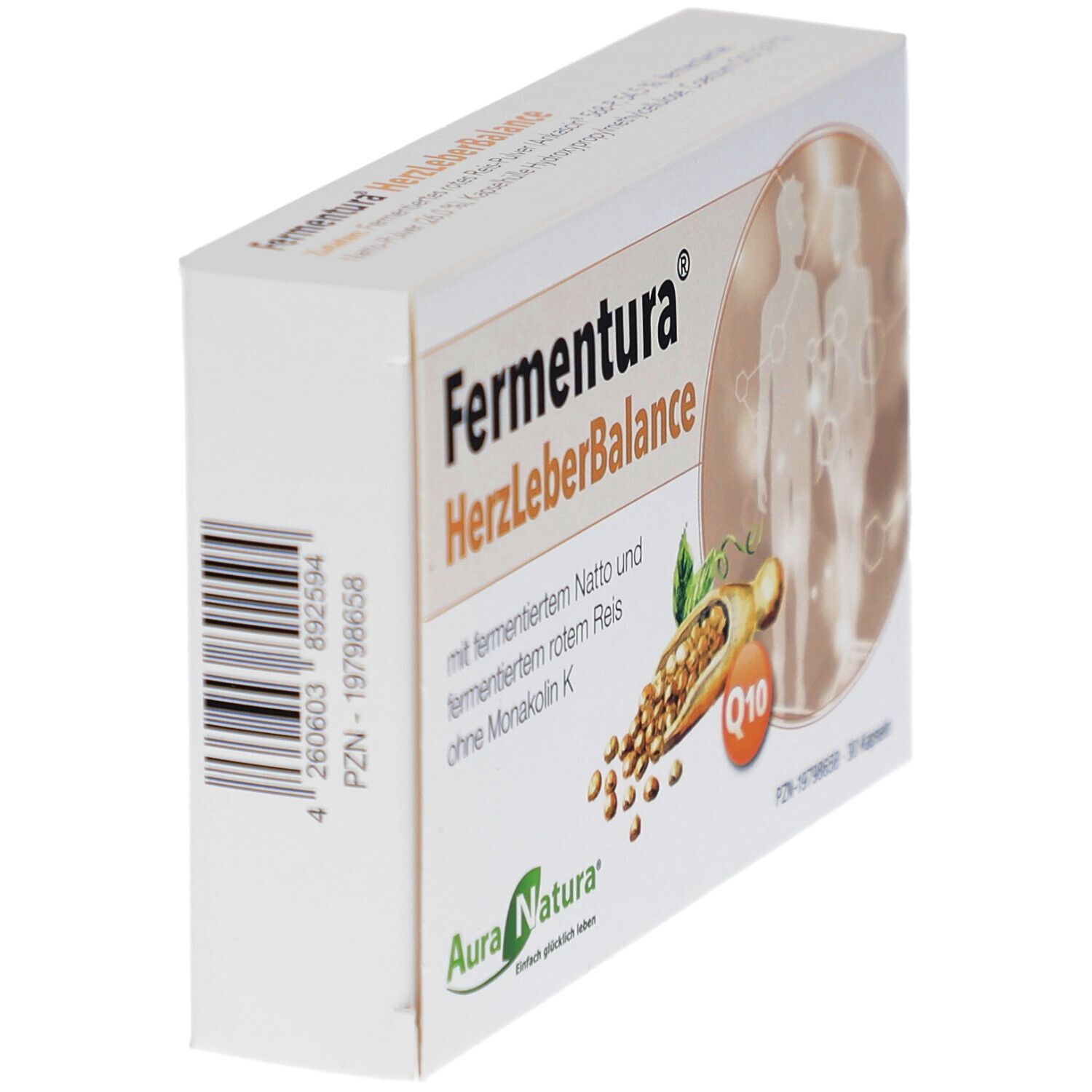 Schachtel Fermentura HerzLeberBalance. Logo Aura Natura. Enthält 30 Kapseln. Blickwinkel von oben.