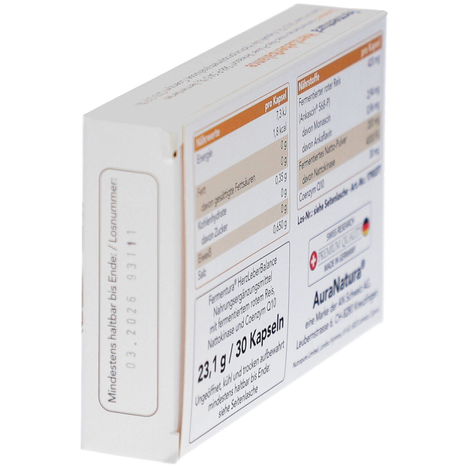 Rückseite der Schachtel Fermentura HerzLeberBalance. Nährwertangaben und Inhaltsstoffe. Swiss Research Logo.