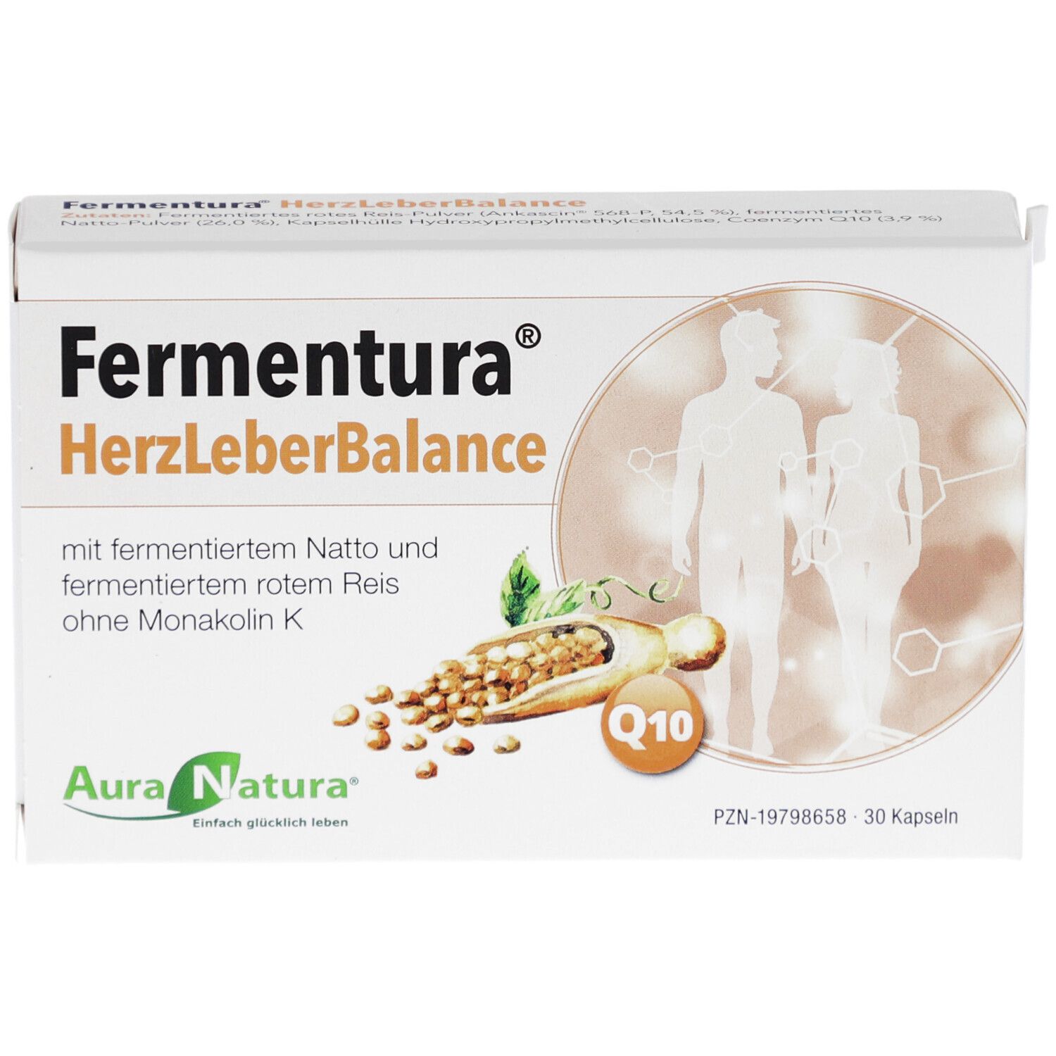 Weiße Schachtel mit Produktnamen Fermentura HerzLeberBalance. Enthält 30 Kapseln. Logo Aura Natura.