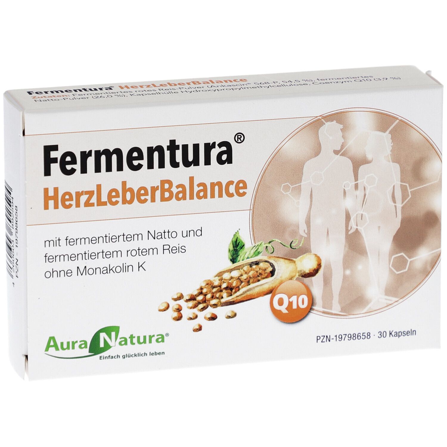 Weiße Schachtel mit Produktnamen Fermentura HerzLeberBalance. Enthält 30 Kapseln. Logo Aura Natura.