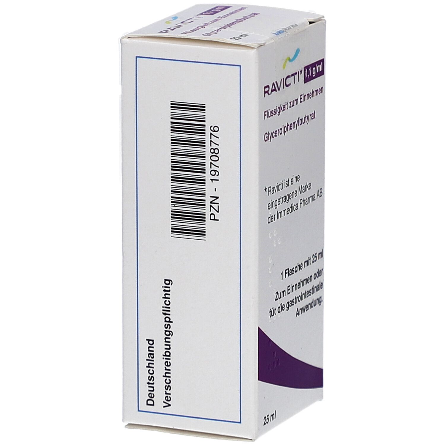 Kartonseite mit Barcode und PZN-19708776. Text: Deutschland, Verschreibungspflichtig. RAVICTI 1,1 g/ml. Immedica Pharma AB.