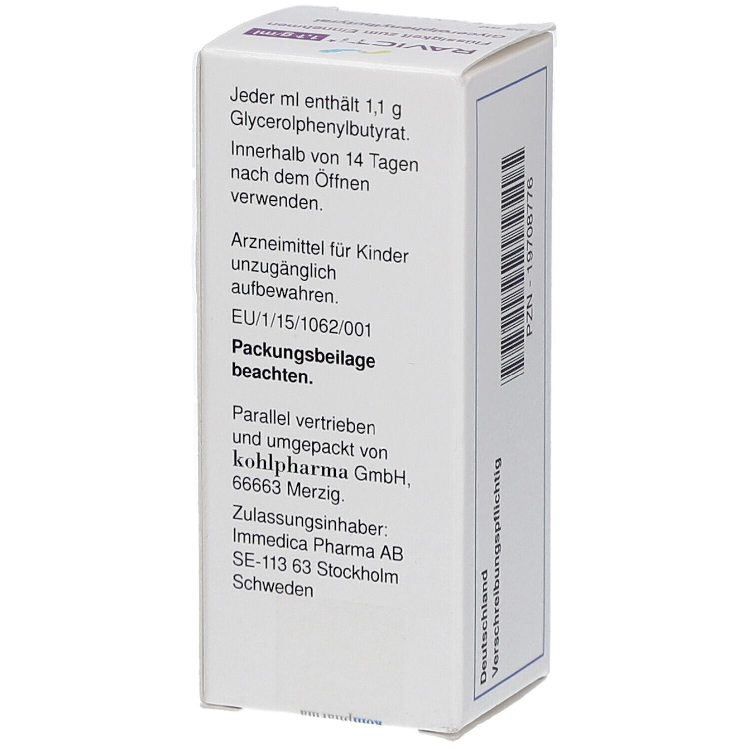 Karton mit Informationen: Jeder ml enthält 1,1 g Glycerolphenylbutyrat. Packungsbeilage beachten. Immedica Pharma AB.