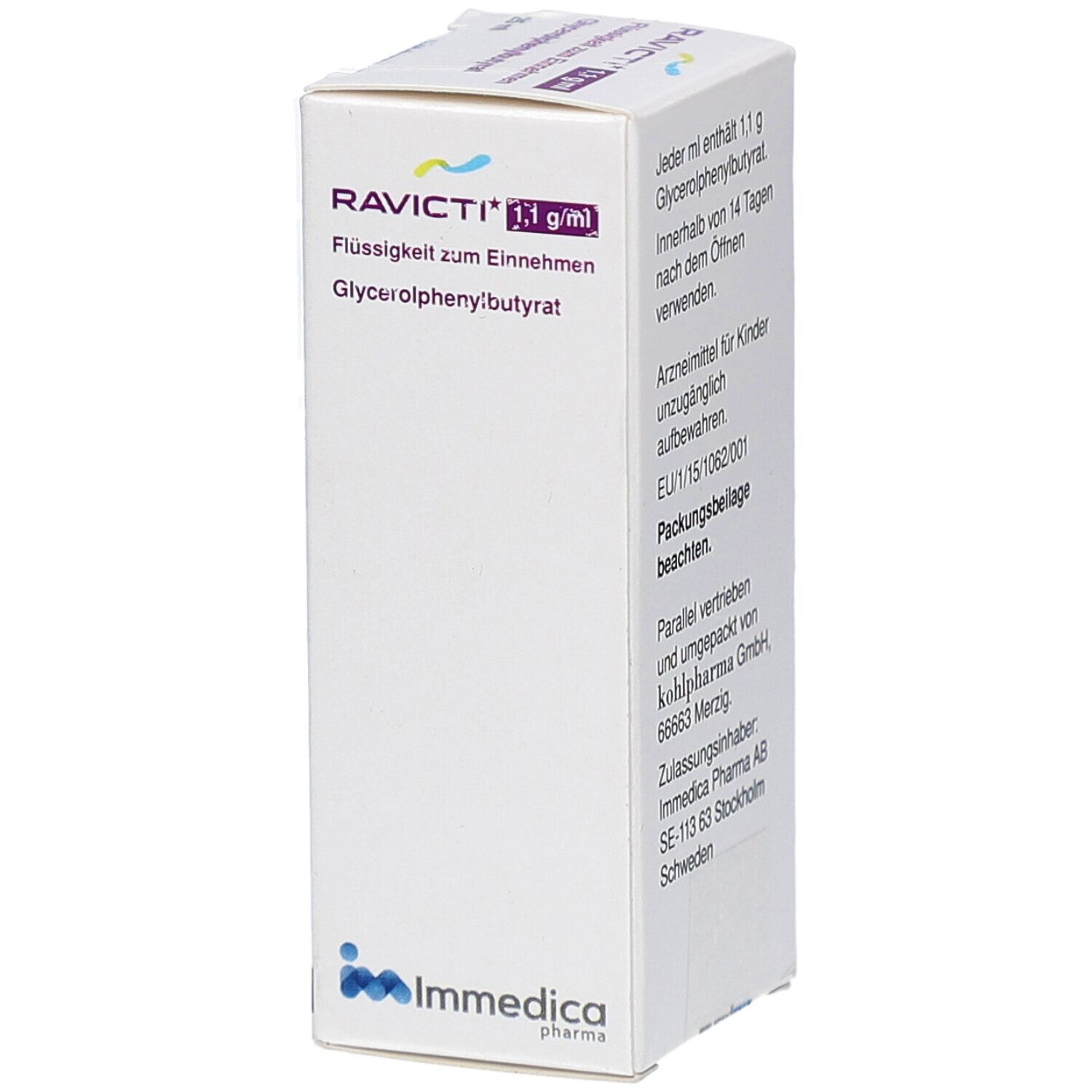 Karton mit RAVICTI 1,1 g/ml. Flüssigkeit zum Einnehmen. Enthält Glycerolphenylbutyrat. Immedica Pharma AB Logo.