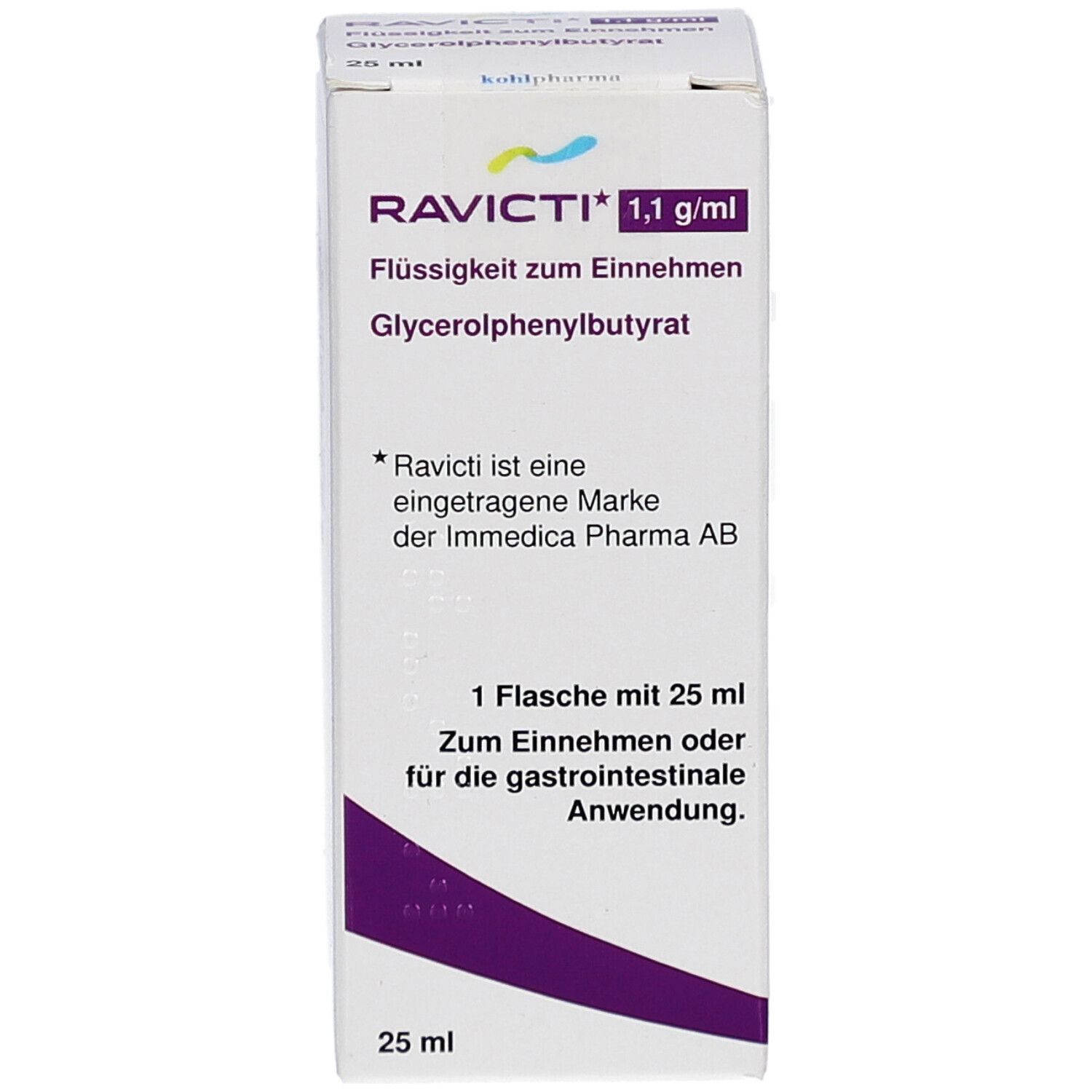 Karton mit RAVICTI 1,1 g/ml. Flüssigkeit zum Einnehmen. Enthält Glycerolphenylbutyrat. 25 ml Flasche. Immedica Pharma AB.