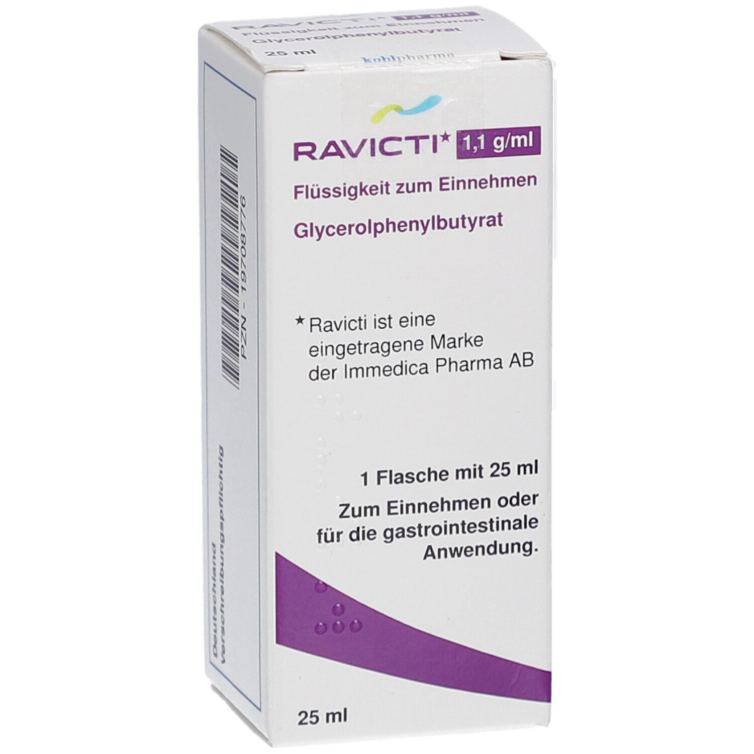 Karton mit RAVICTI 1,1 g/ml. Flüssigkeit zum Einnehmen. Enthält Glycerolphenylbutyrat. 25 ml Flasche. Immedica Pharma AB.