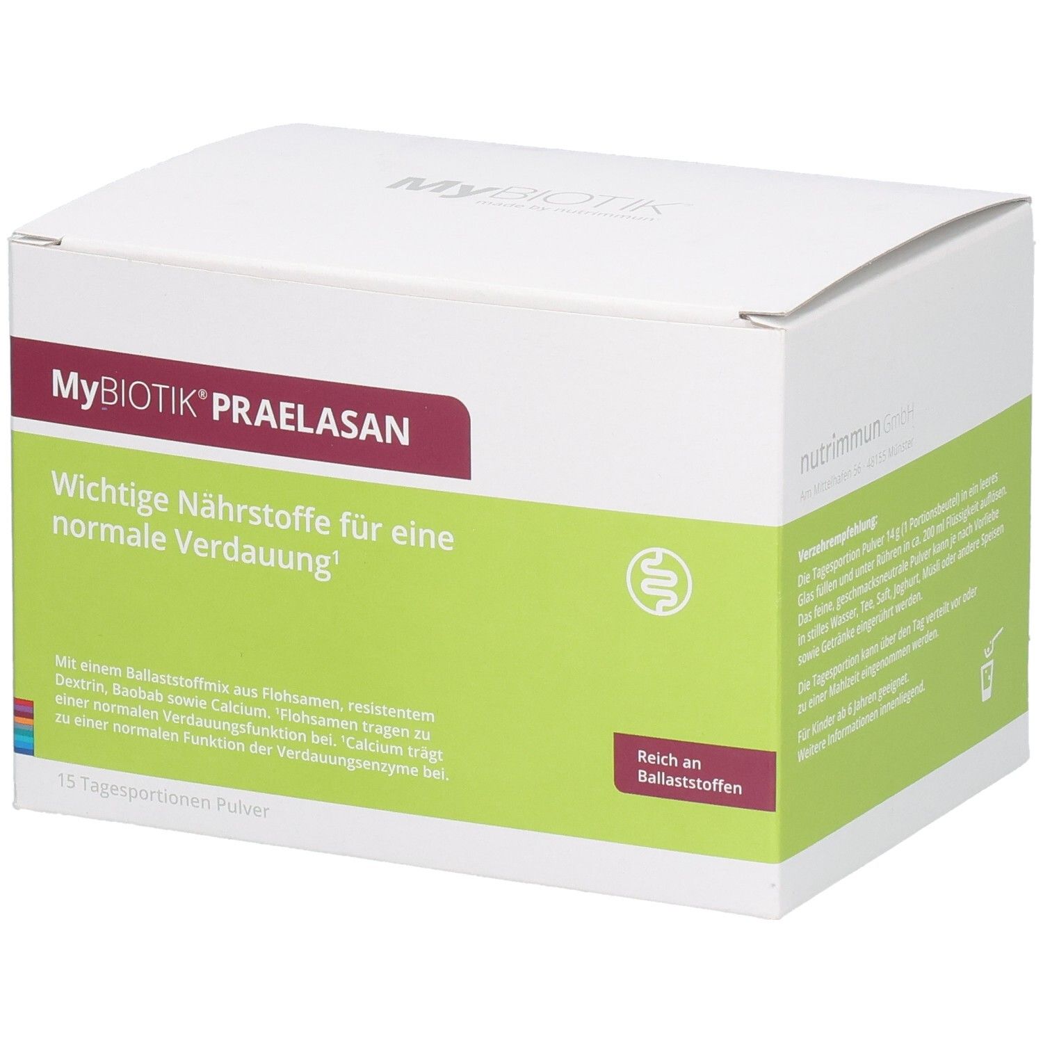 Karton mit MYBIOTIK PRAELASAN. Roter Balken mit Produktname. Grüne Fläche mit Text. 15 Tagesportionen Pulver.