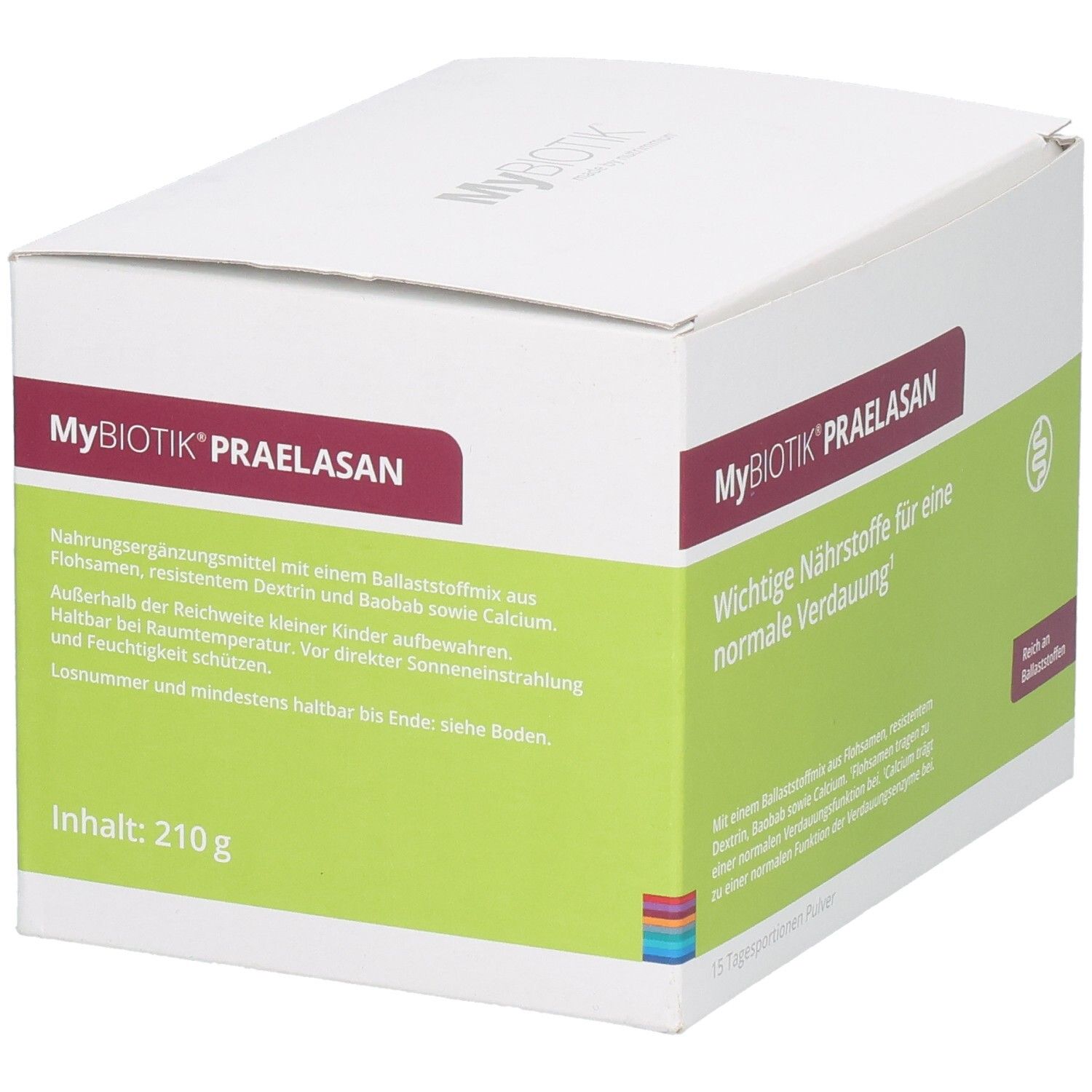 Karton mit MYBIOTIK PRAELASAN. Roter Balken mit Produktname. Grüne Fläche mit Text. Inhalt: 210 g.