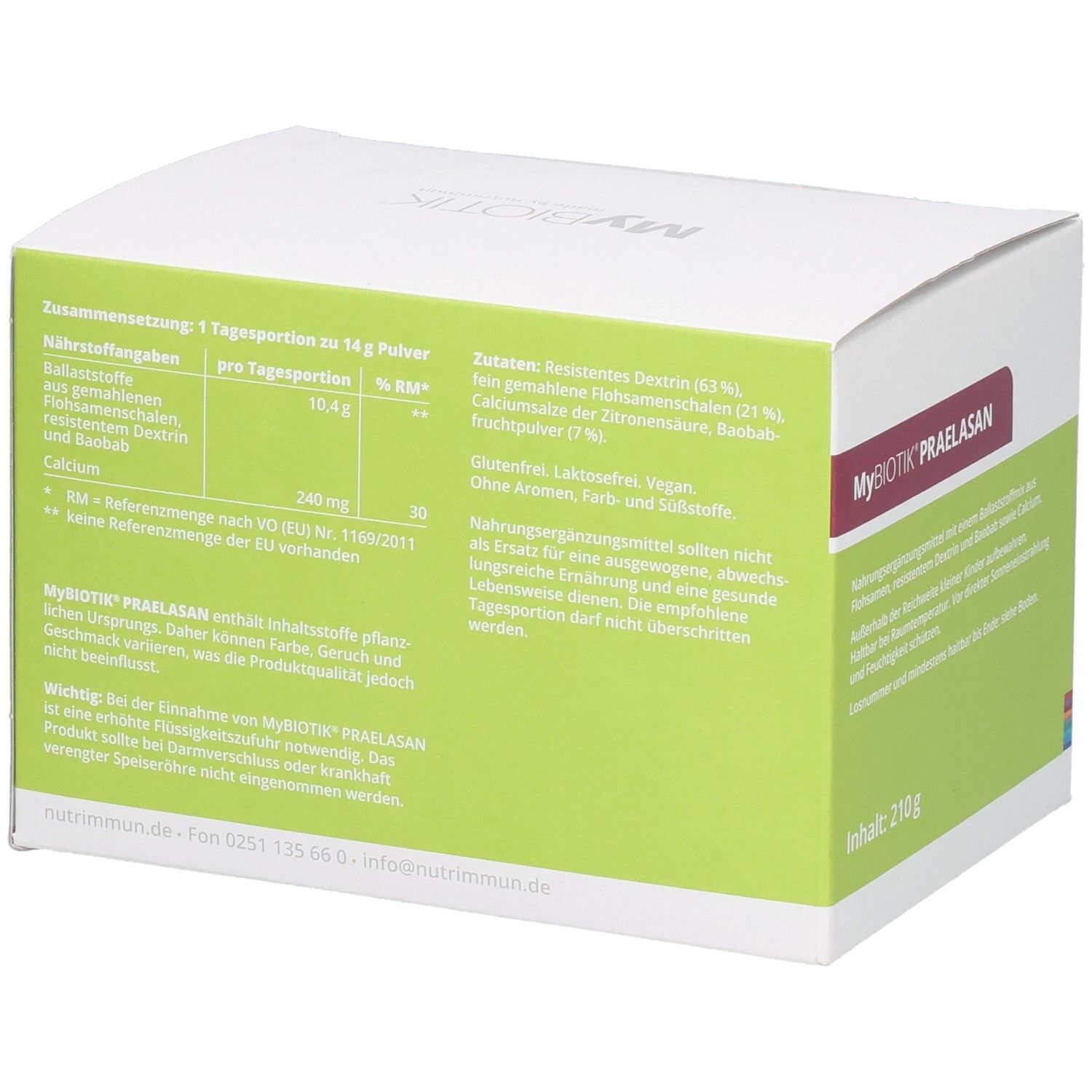 Karton mit MYBIOTIK PRAELASAN. Rückseite mit Nährwertangaben und Inhaltsstoffen. Inhalt: 210 g.