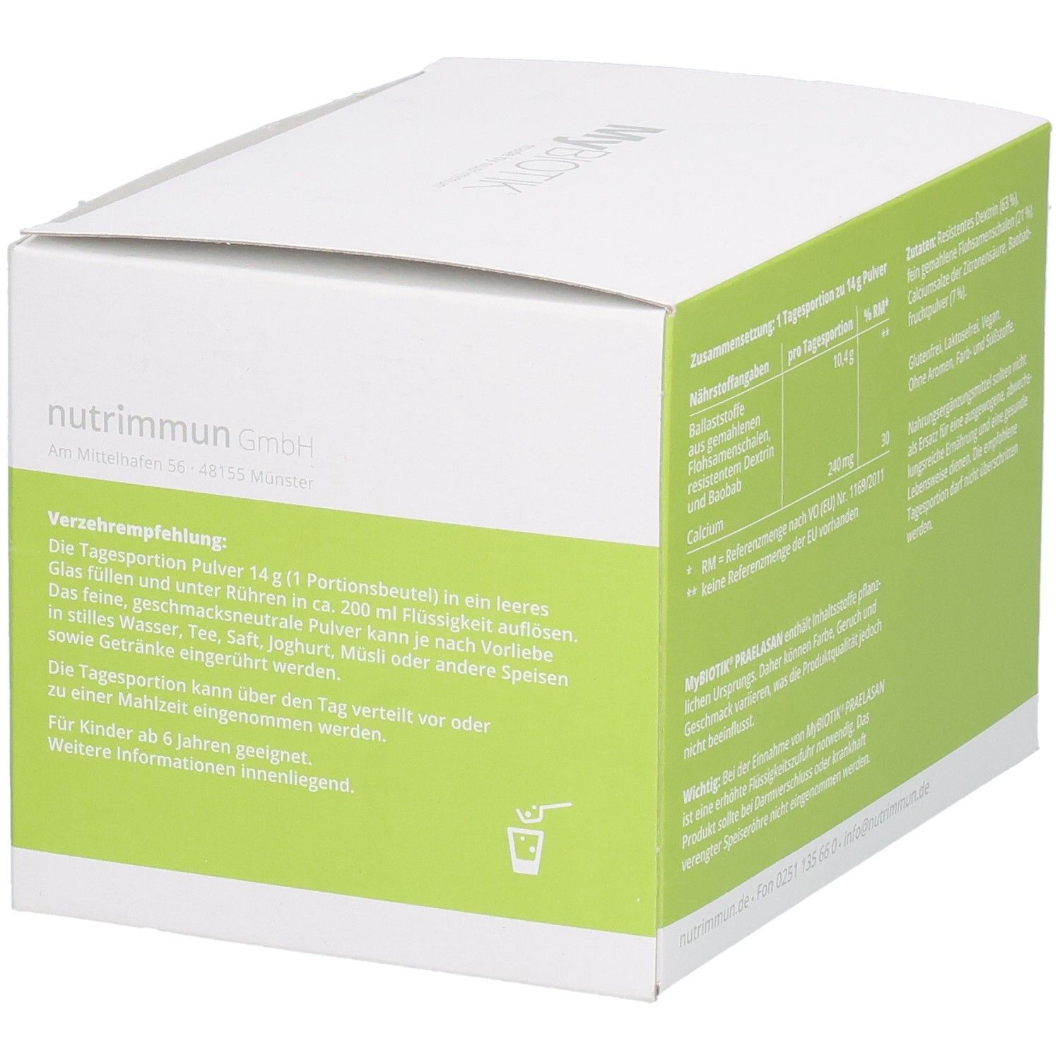 Karton mit MYBIOTIK PRAELASAN. Seite mit Verzehrempfehlung. Logo von nutrimmun GmbH.