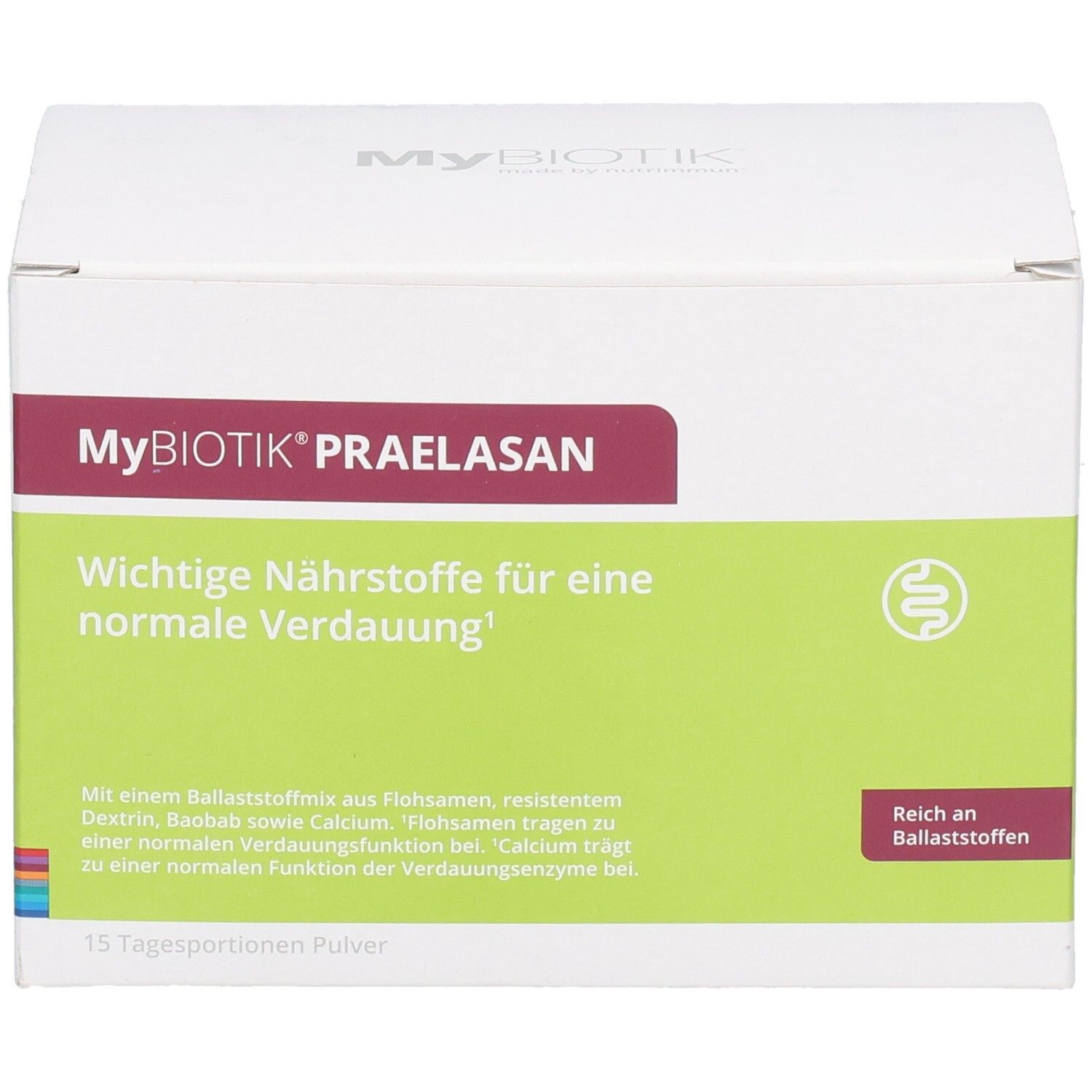 Karton mit MYBIOTIK PRAELASAN. Roter Balken mit Produktname. Grüne Fläche mit Text. 15 Tagesportionen Pulver.
