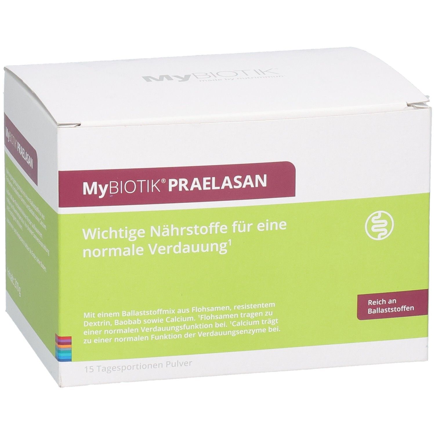 Karton mit MYBIOTIK PRAELASAN. Roter Balken mit Produktname. Grüne Fläche mit Text. 15 Tagesportionen Pulver.