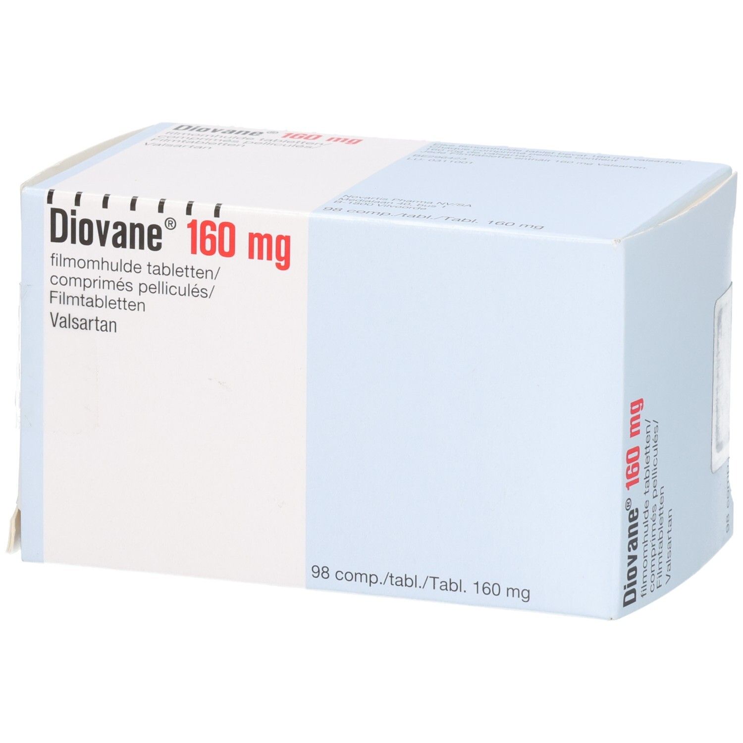 Packung Diovan 160 mg Filmtabletten mit 98 Stück. Enthält Valsartan.