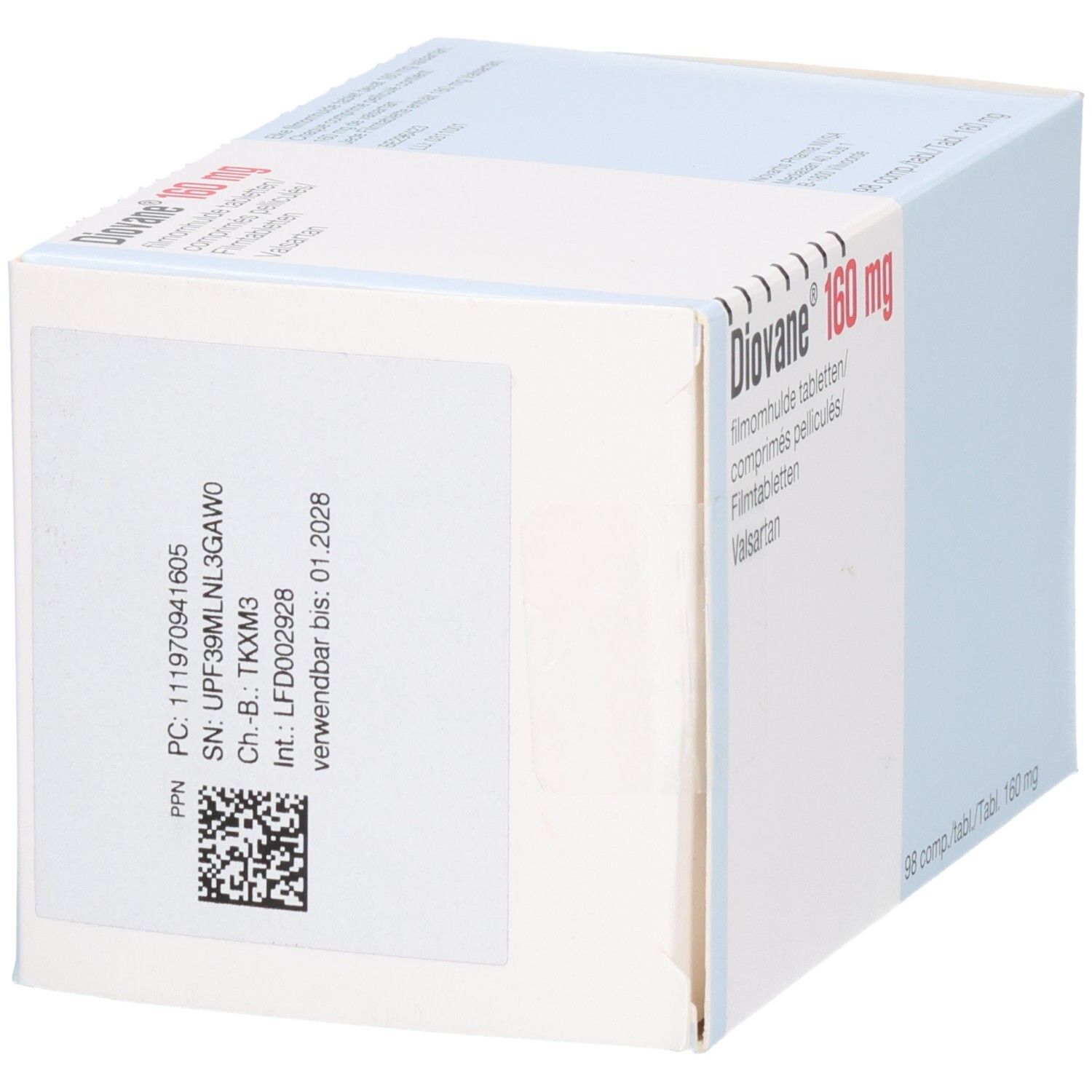 Rückseite der Diovan 160 mg Packung mit Chargennummer und Verfallsdatum.