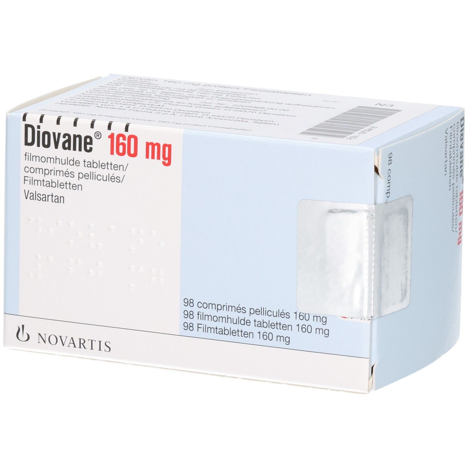 Diovan 160 mg Filmtabletten Packung mit 98 Stück und Novartis Logo.
