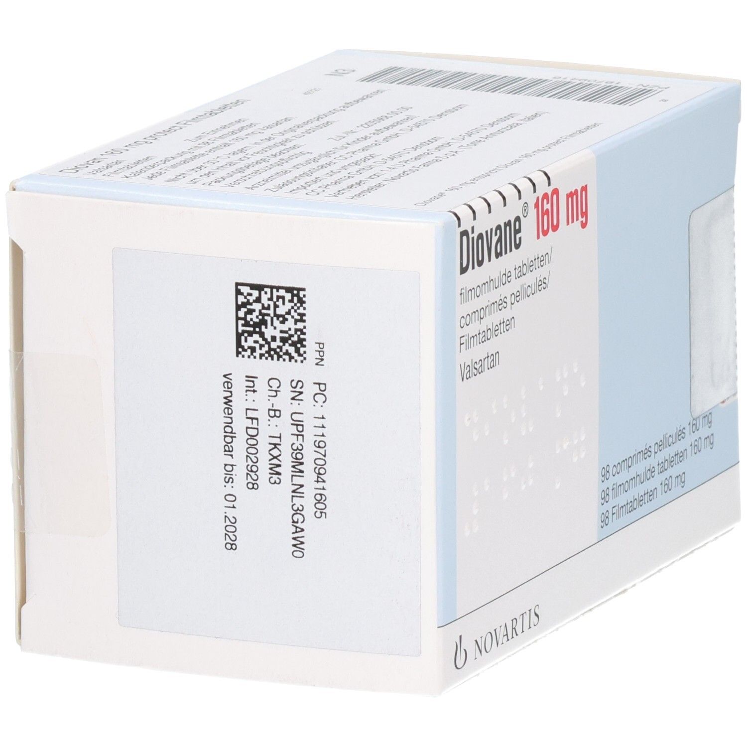 Seite der Diovan 160 mg Packung mit Chargeninformationen und Novartis Logo.
