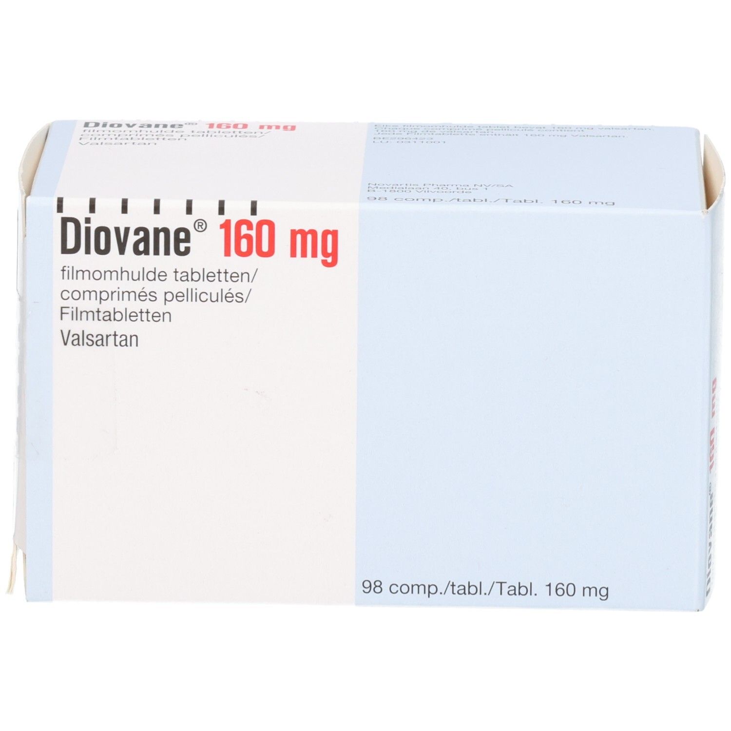 Vorderseite der Diovan 160 mg Filmtabletten Packung, 98 Stück.