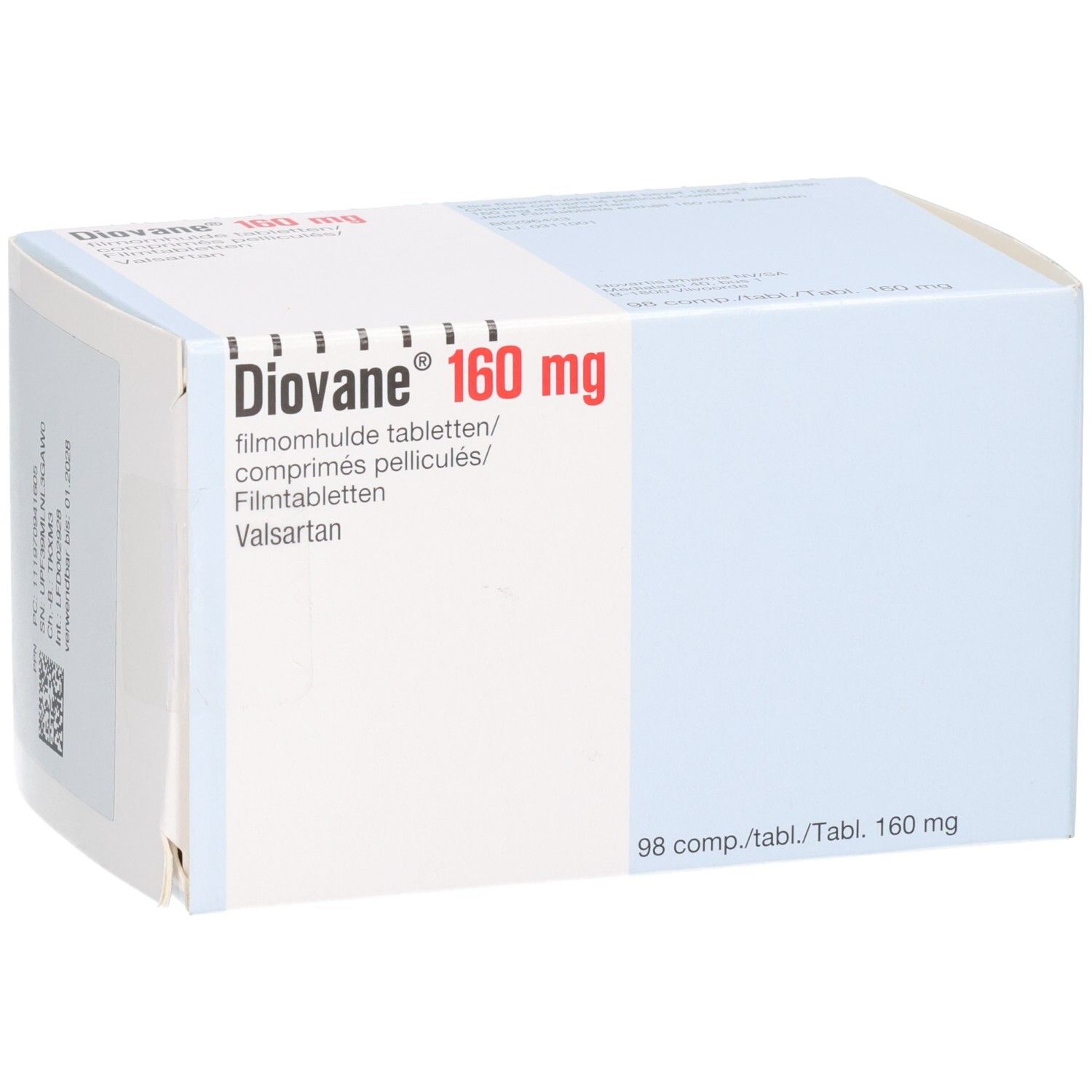 Diovan 160 mg Filmtabletten Packung mit 98 Stück, Vorderansicht.