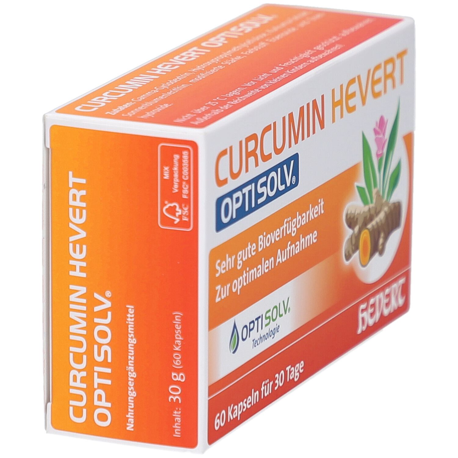 Schräg gestellte, weiß-orange Schachtel mit CURCUMIN HEVERT OPTISOLV. Text: 30 g (60 Kapseln). Abbildung von Kurkuma-Wurzeln.