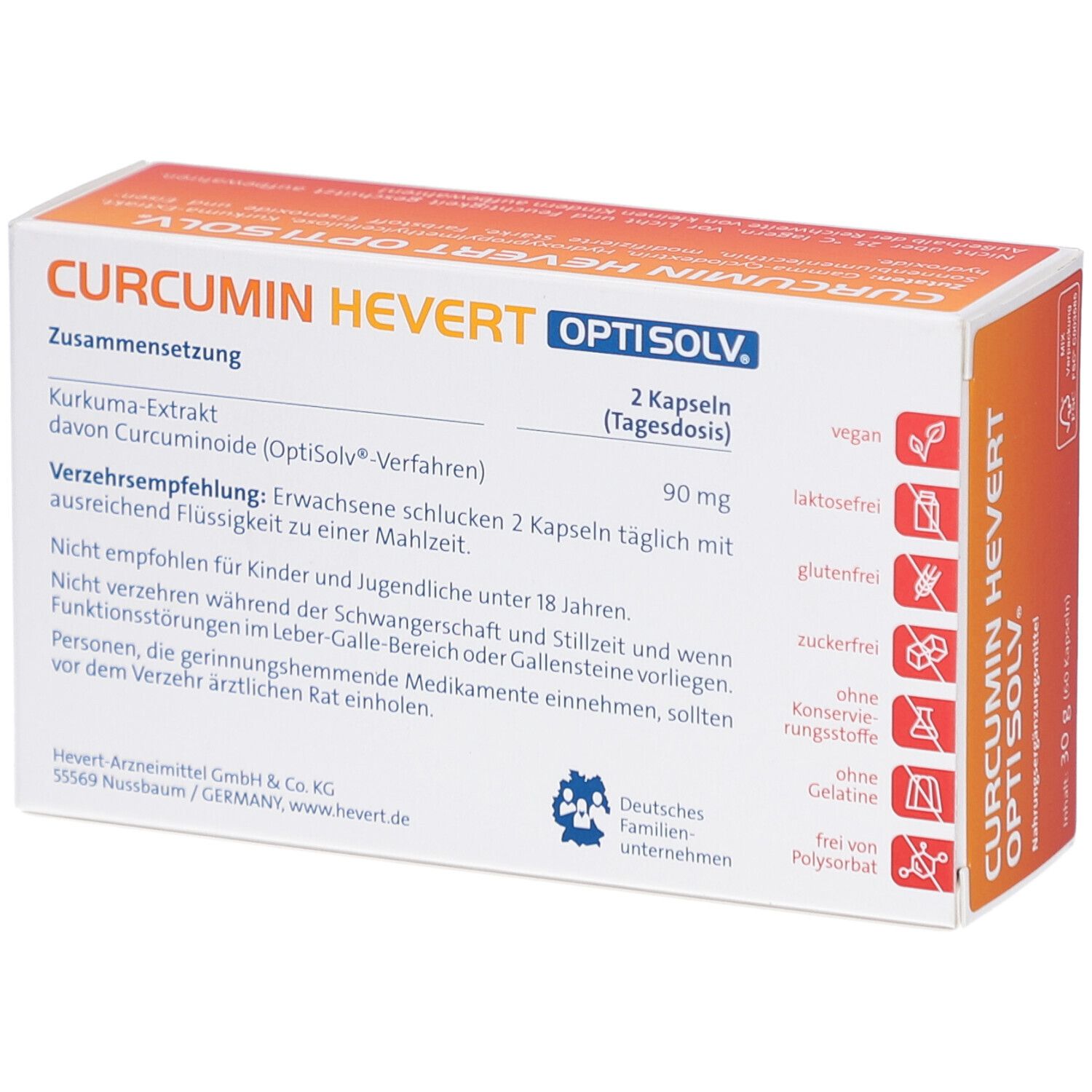 Rückseite der Schachtel mit CURCUMIN HEVERT OPTISOLV. Text: Zusammensetzung, 2 Kapseln (Tagesdosis), vegan, laktosefrei, glutenfrei.