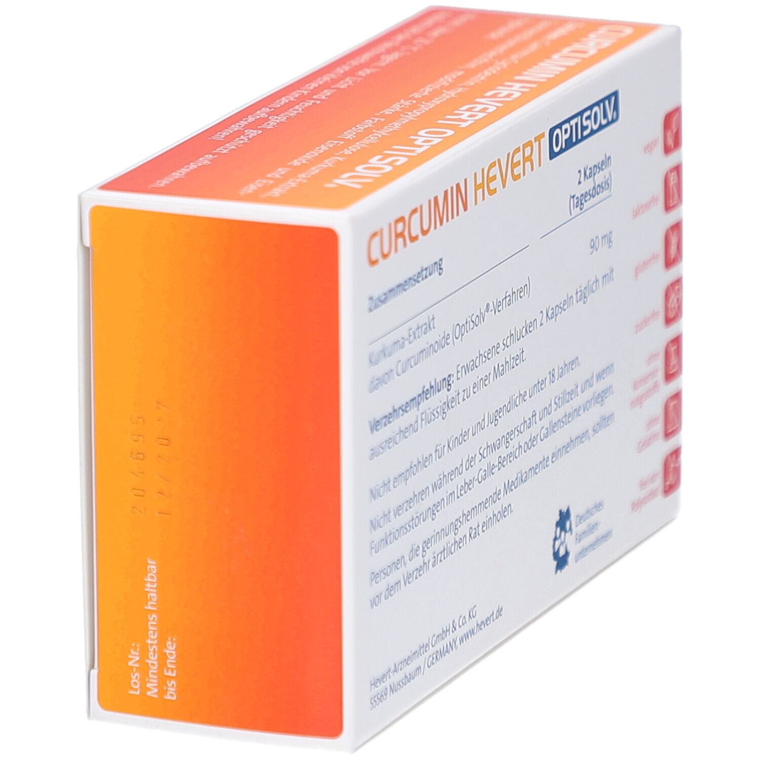 Schräg gestellte Rückseite der Schachtel mit CURCUMIN HEVERT OPTISOLV. Text: Mindestens haltbar bis. Logos und Text.