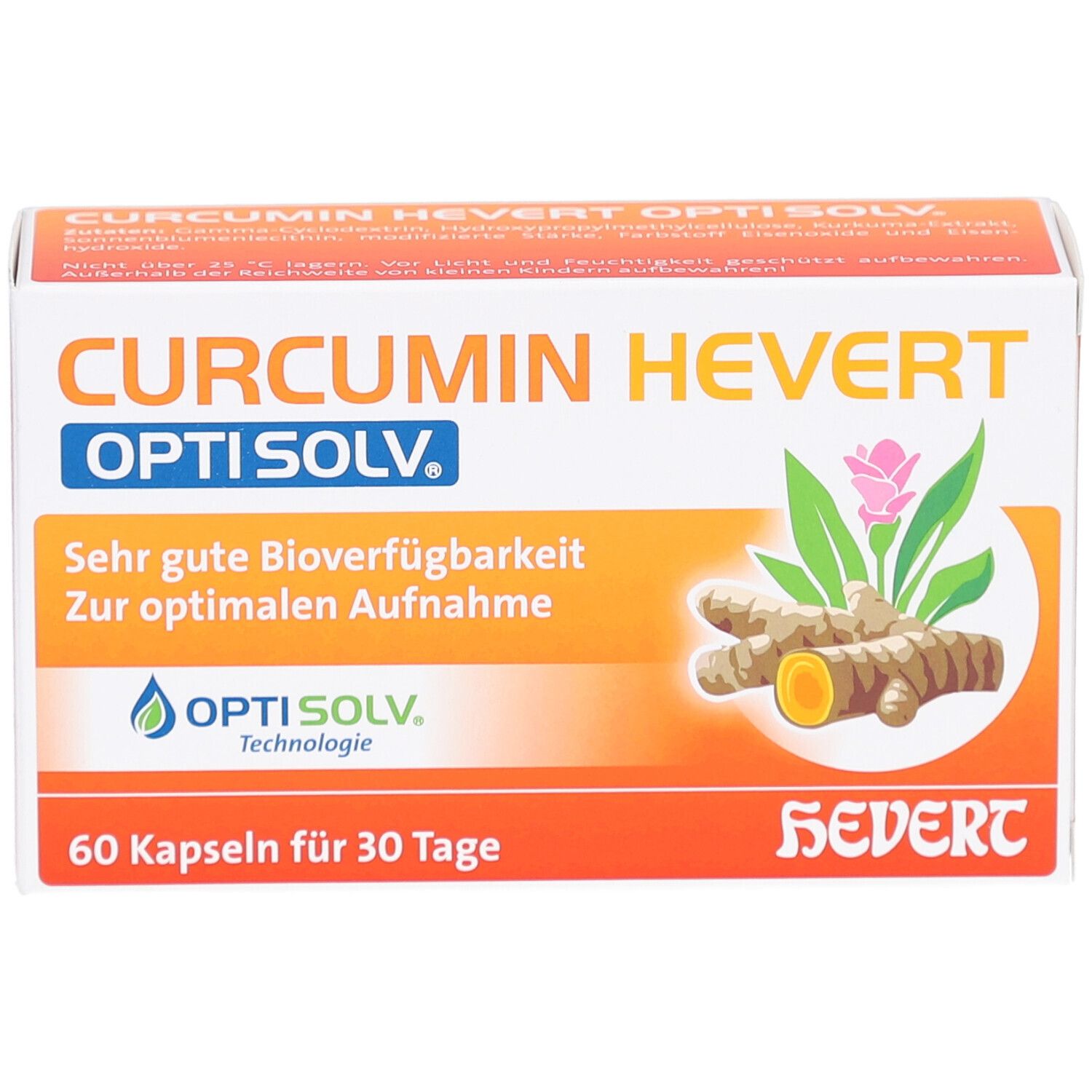 Weiß-orange Schachtel mit CURCUMIN HEVERT OPTISOLV. Abbildung von Kurkuma-Wurzeln und Blüten. Text: 60 Kapseln für 30 Tage.