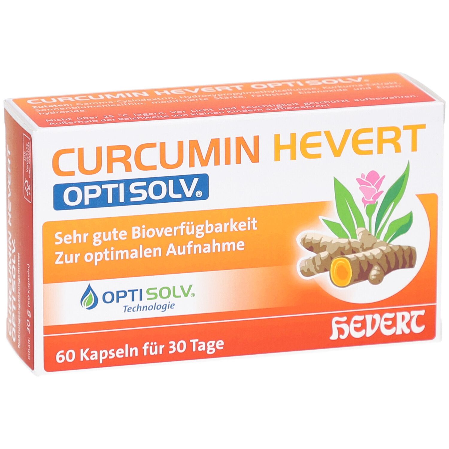 Weiß-orange Schachtel mit CURCUMIN HEVERT OPTISOLV. Abbildung von Kurkuma-Wurzeln und Blüten. Text: 60 Kapseln für 30 Tage.