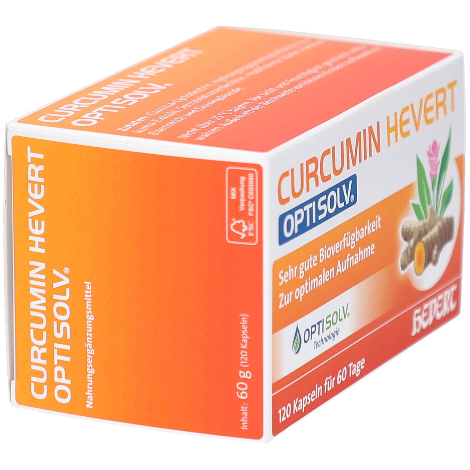 Karton CURCUMIN HEVERT OptiSolv. Aufschrift: Nahrungsergänzungsmittel. Inhalt: 60 g (120 Kapseln). Logo OptiSolv. Abbildung von Kurkuma.