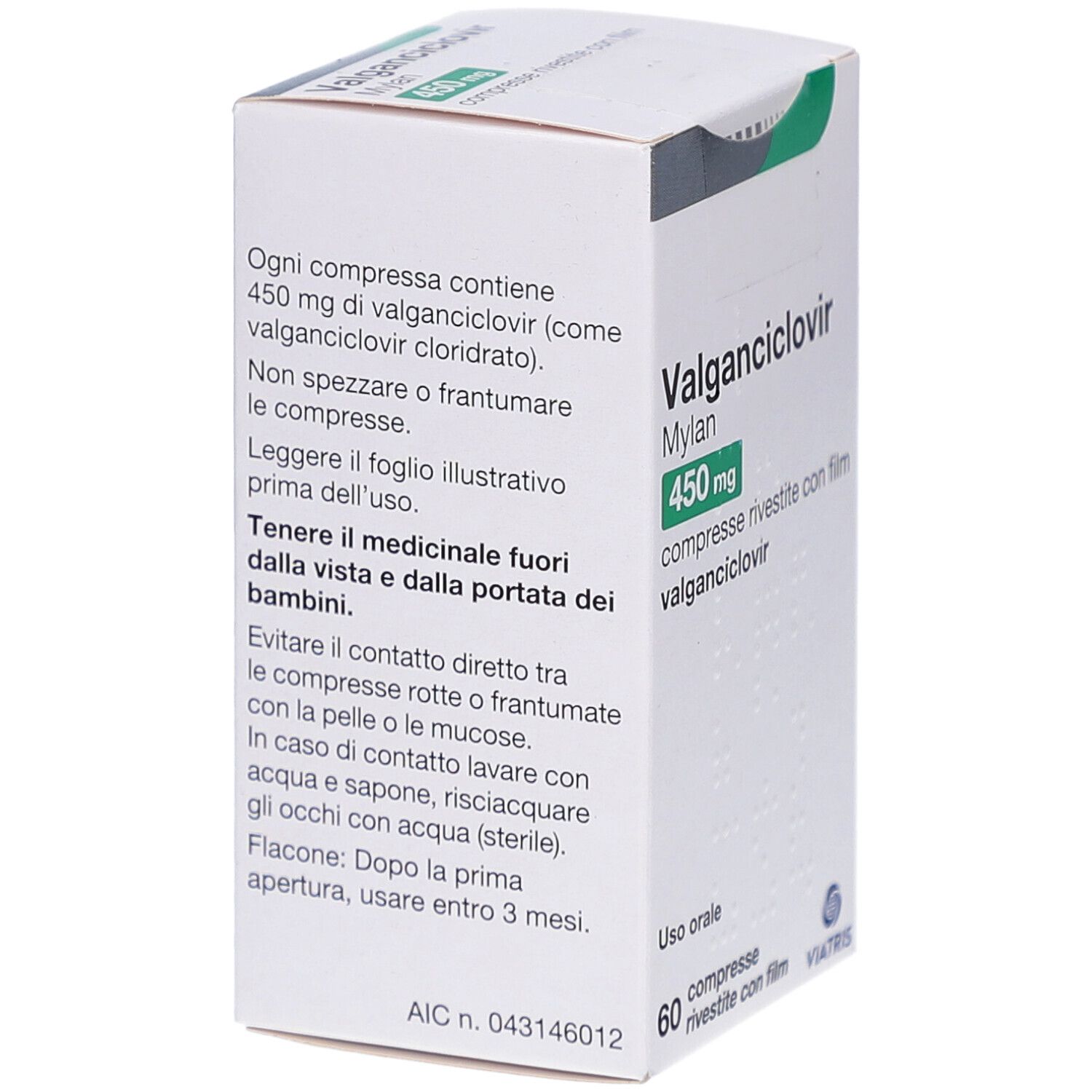 Rückseite der VALGANCICLOVIR Mylan 450 mg Packung. Text in italienischer Sprache. Viatris Logo. 60 Tabletten.