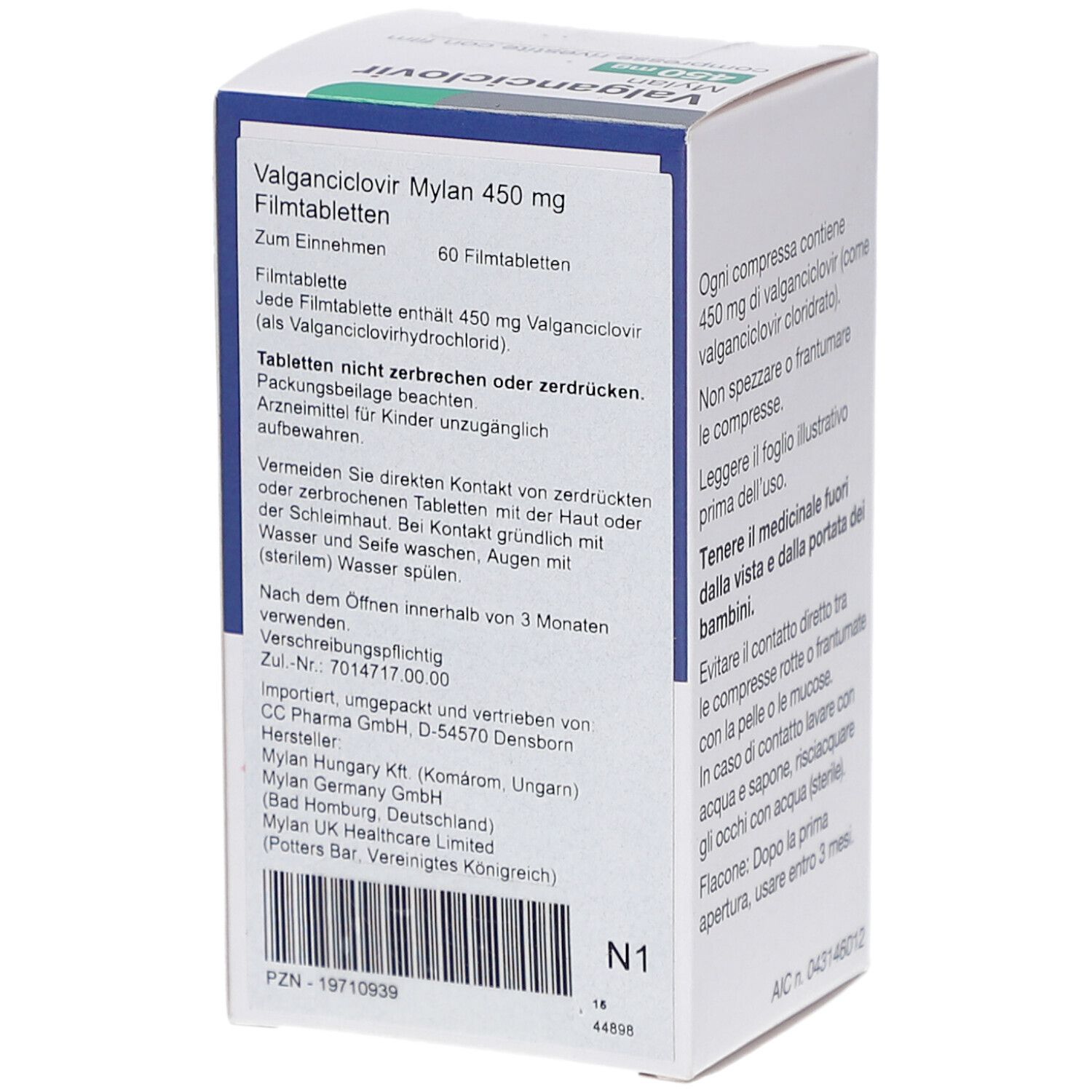 Rückseite der VALGANCICLOVIR Mylan 450 mg Packung. Text in deutscher Sprache. Viatris Logo. 60 Filmtabletten.