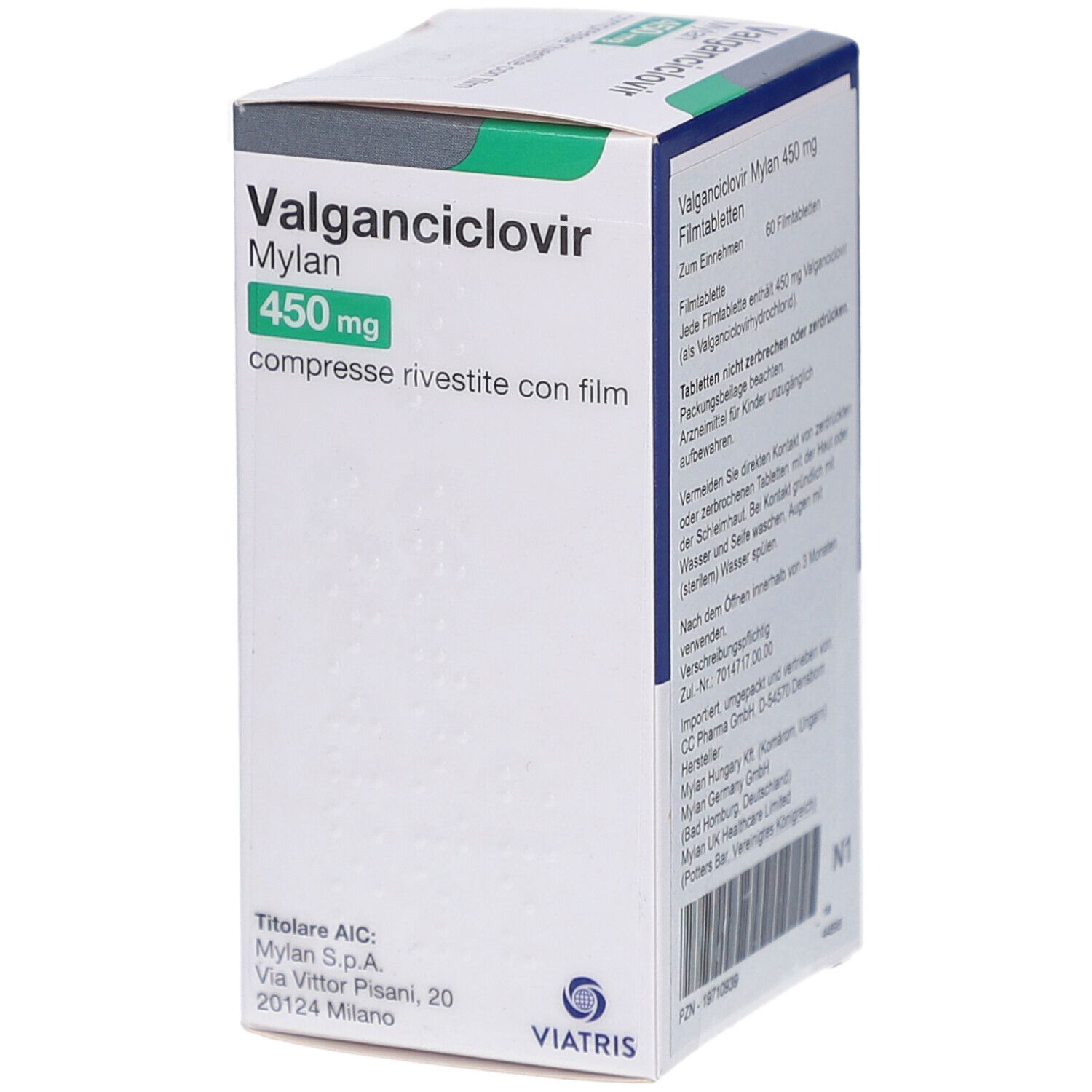 VALGANCICLOVIR Mylan 450 mg Packung. Weiße Schachtel mit grünen Akzenten. Viatris Logo. 60 Tabletten.