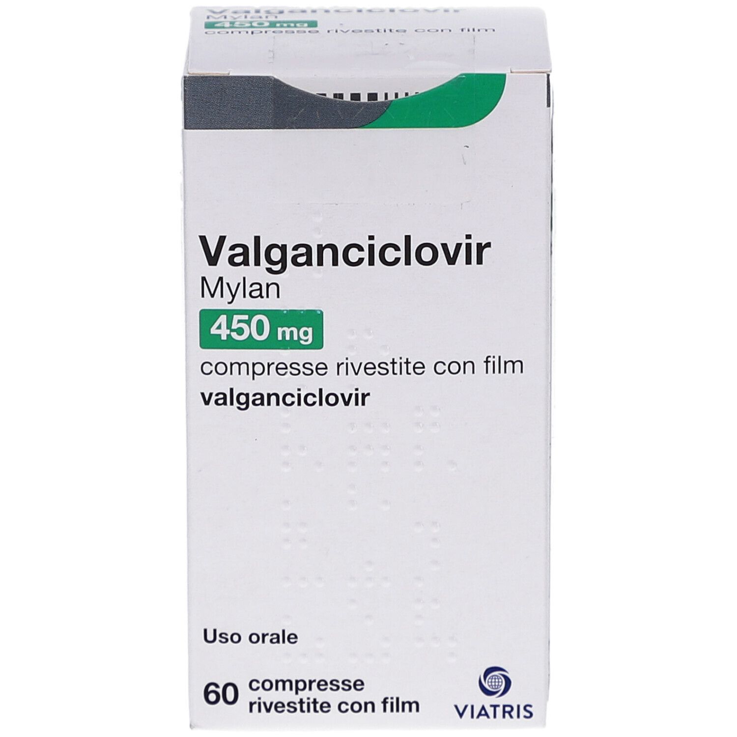 VALGANCICLOVIR Mylan 450 mg Packung. Weiße Schachtel mit grünen Akzenten. 60 Tabletten. Viatris Logo.