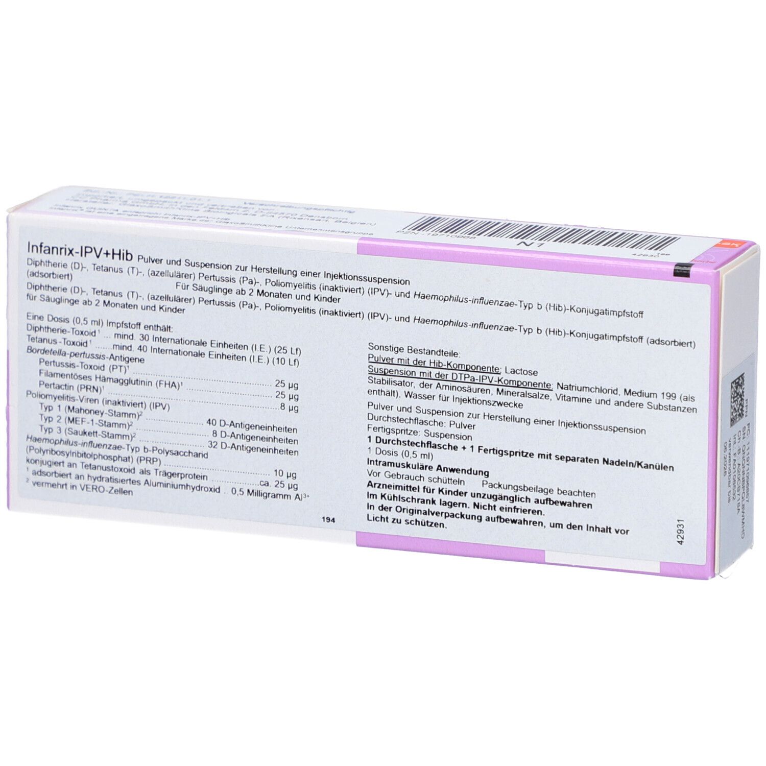 Rückseite der 'Infarnix-IPV+Hib' Verpackung. Text mit Inhaltsstoffen und Anwendung.