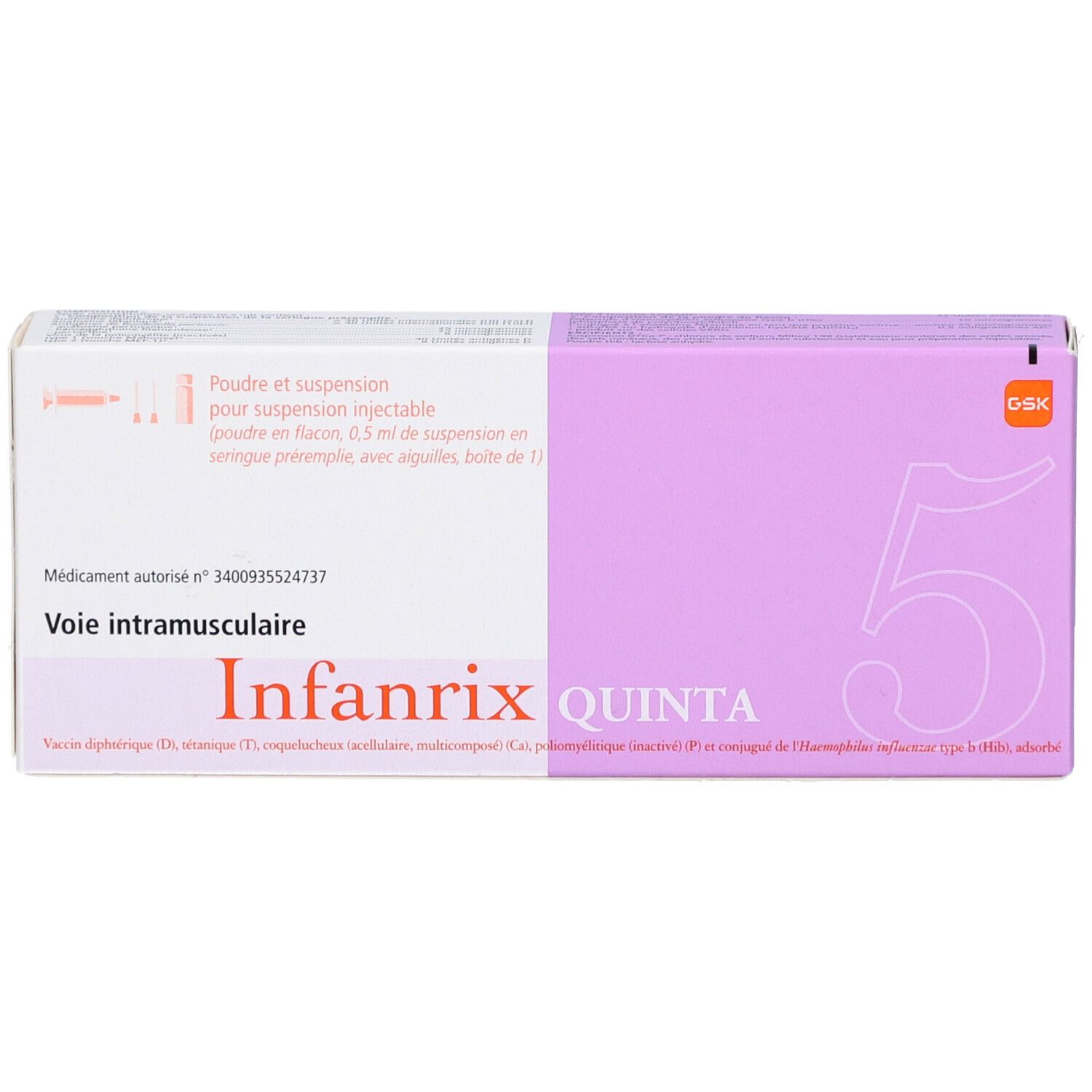 Schachtel 'Infarnix Quinta'. Lila und weiß. Text: 'Voie intramusculaire'.