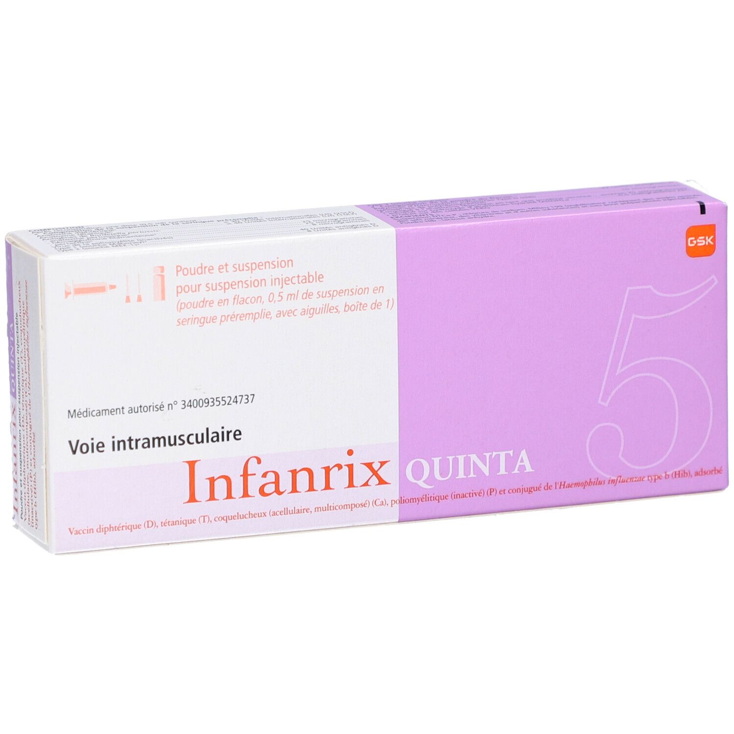 Schachtel 'Infarnix Quinta'. Lila und weiß. Text: 'Voie intramusculaire'.