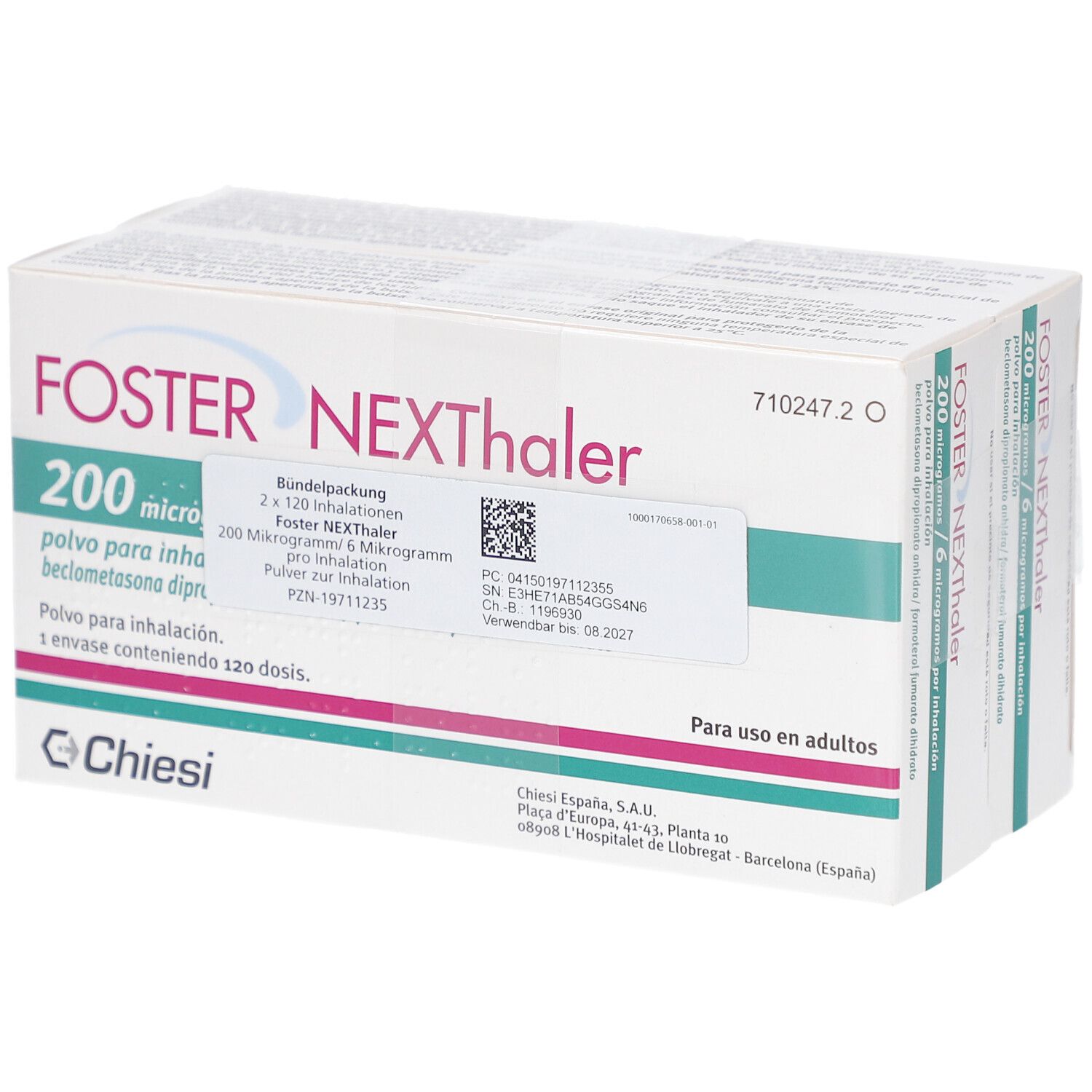 Verpackung FOSTER NEXThaler 200/6 µg. Weißer Karton mit grünen Akzenten. Text: 200 micro, Chiesi Logo. Enthält 2 x 120 Inhalationen.