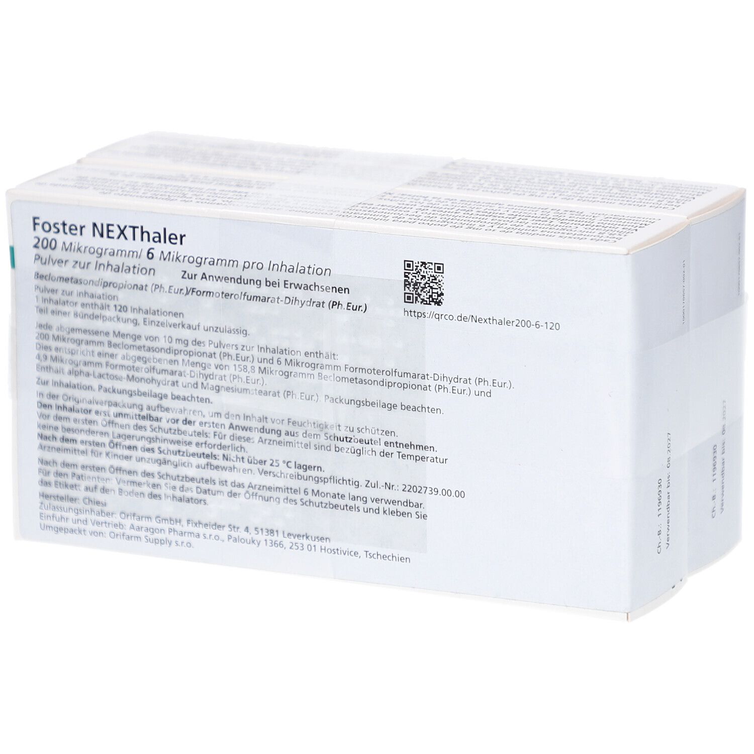 Rückseite der FOSTER NEXThaler 200/6 µg Verpackung. Weißer Karton mit Text und QR-Code. Text: 200 Mikrogramm pro Inhalation.