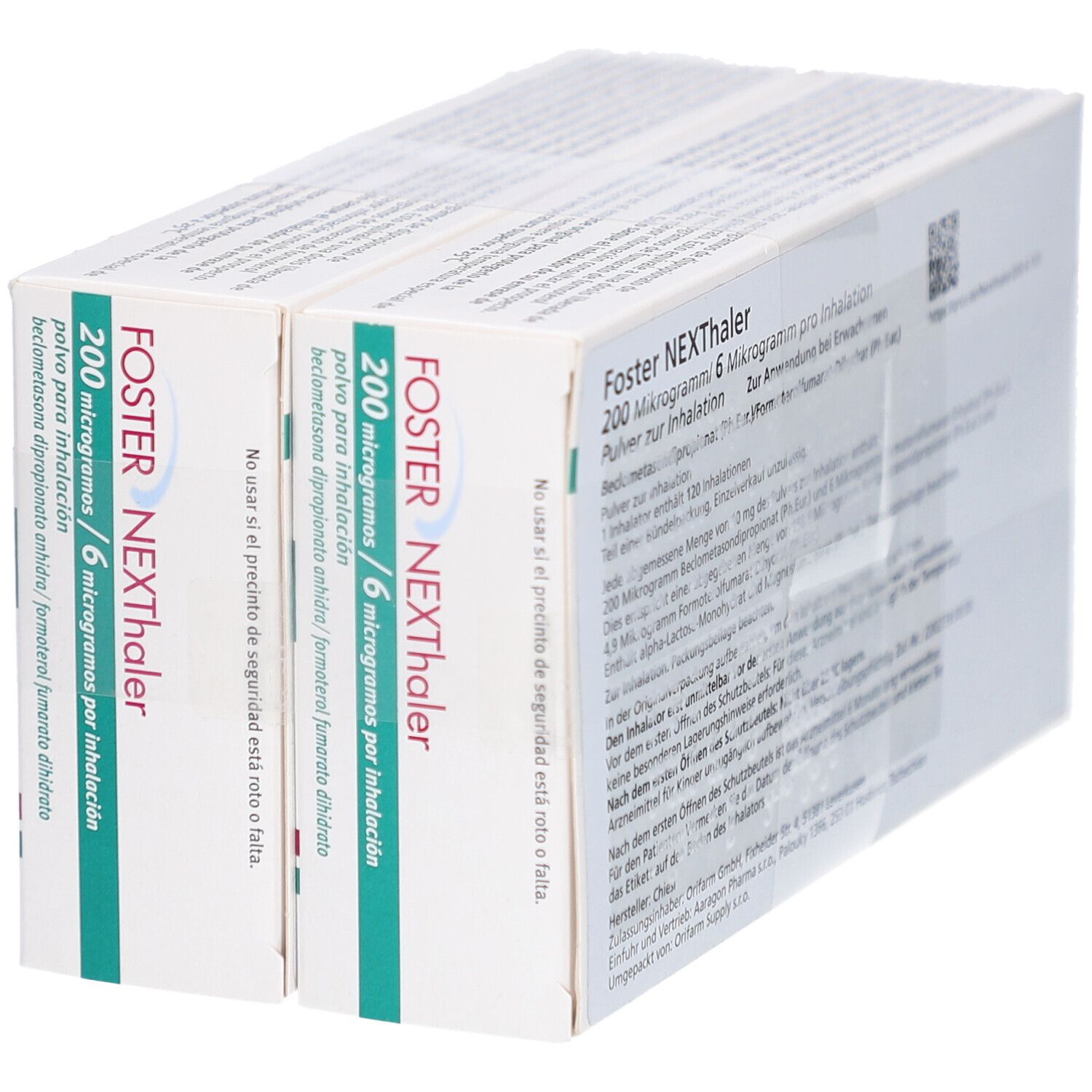 Zwei FOSTER NEXThaler 200/6 µg Verpackungen nebeneinander. Weiß mit Text. Text: FOSTER NEXThaler, 200 Mikrogramm, Chiesi Logo.