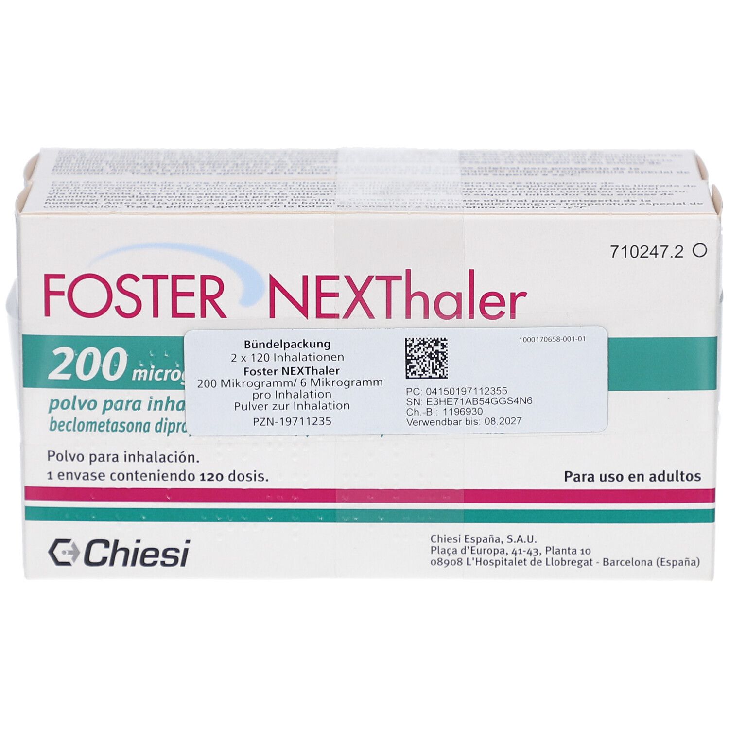 FOSTER NEXThaler 200/6 µg Verpackung. Weißer Karton mit grünen Akzenten. Text: 200 micro, Chiesi Logo. Enthält 2 x 120 Inhalationen.