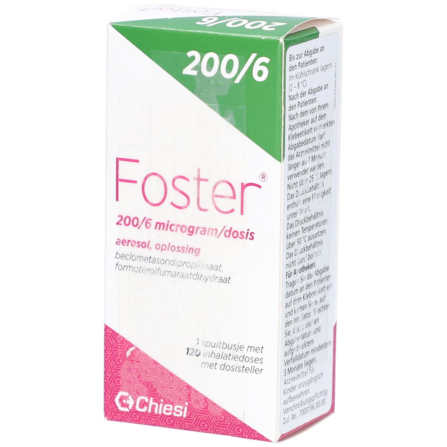 Verpackung von Foster 200/6 Mikrogramm/Dosis. Rosa und weiß, mit grünem Deckel. Enthält Text und Logo von Chiesi.