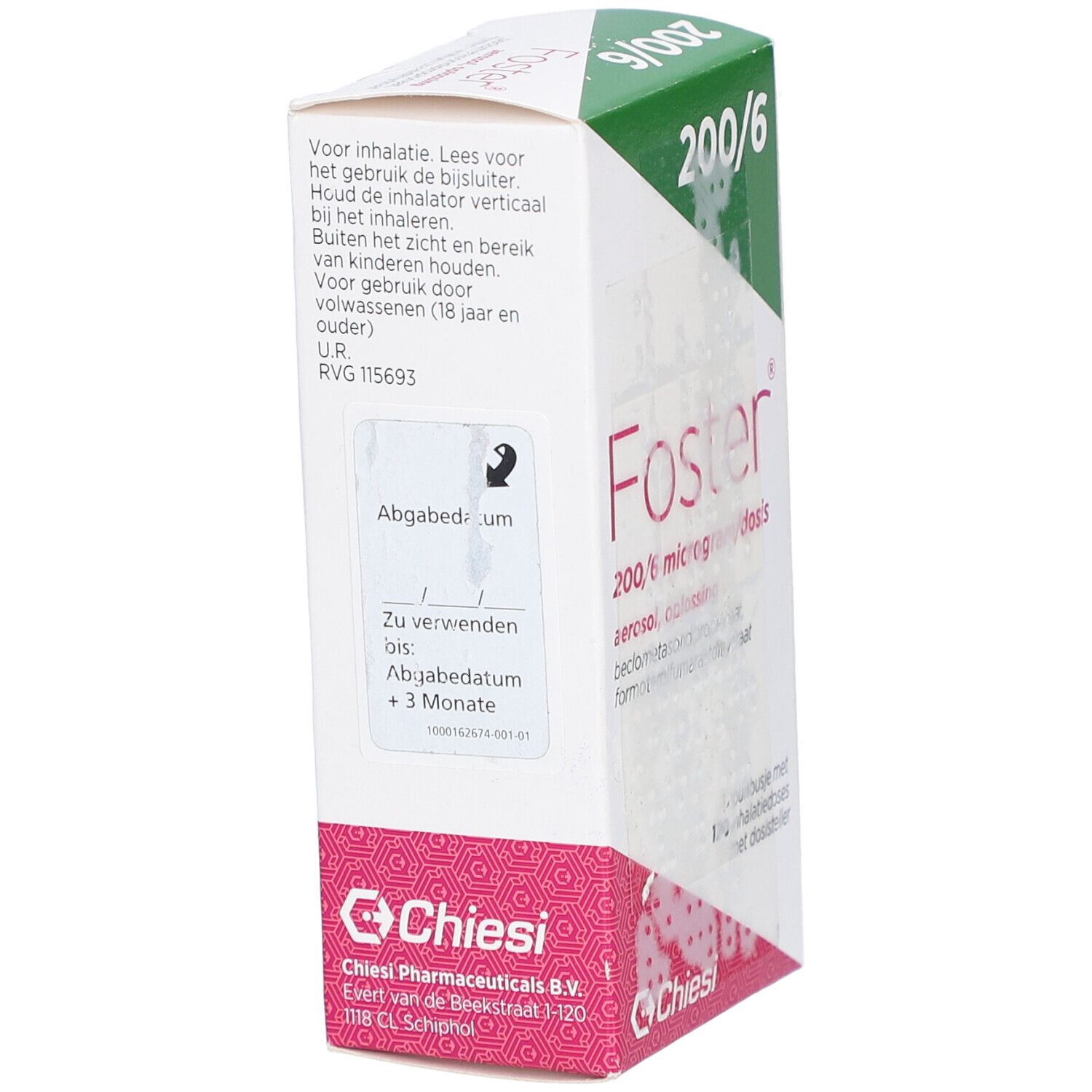 Seitenansicht der Foster 200/6 Verpackung. Weiß mit Text und Logo. Enthält Informationen zur Anwendung und das Chiesi-Logo.