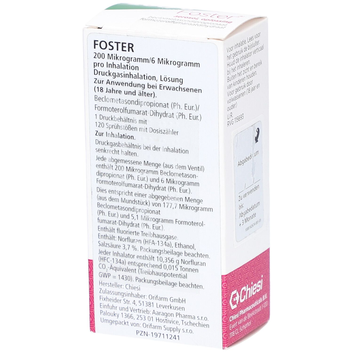 Rückseite der Foster 200/6 Verpackung. Weiß mit Text. Enthält Informationen zu Inhaltsstoffen und Anwendung. Chiesi-Logo.