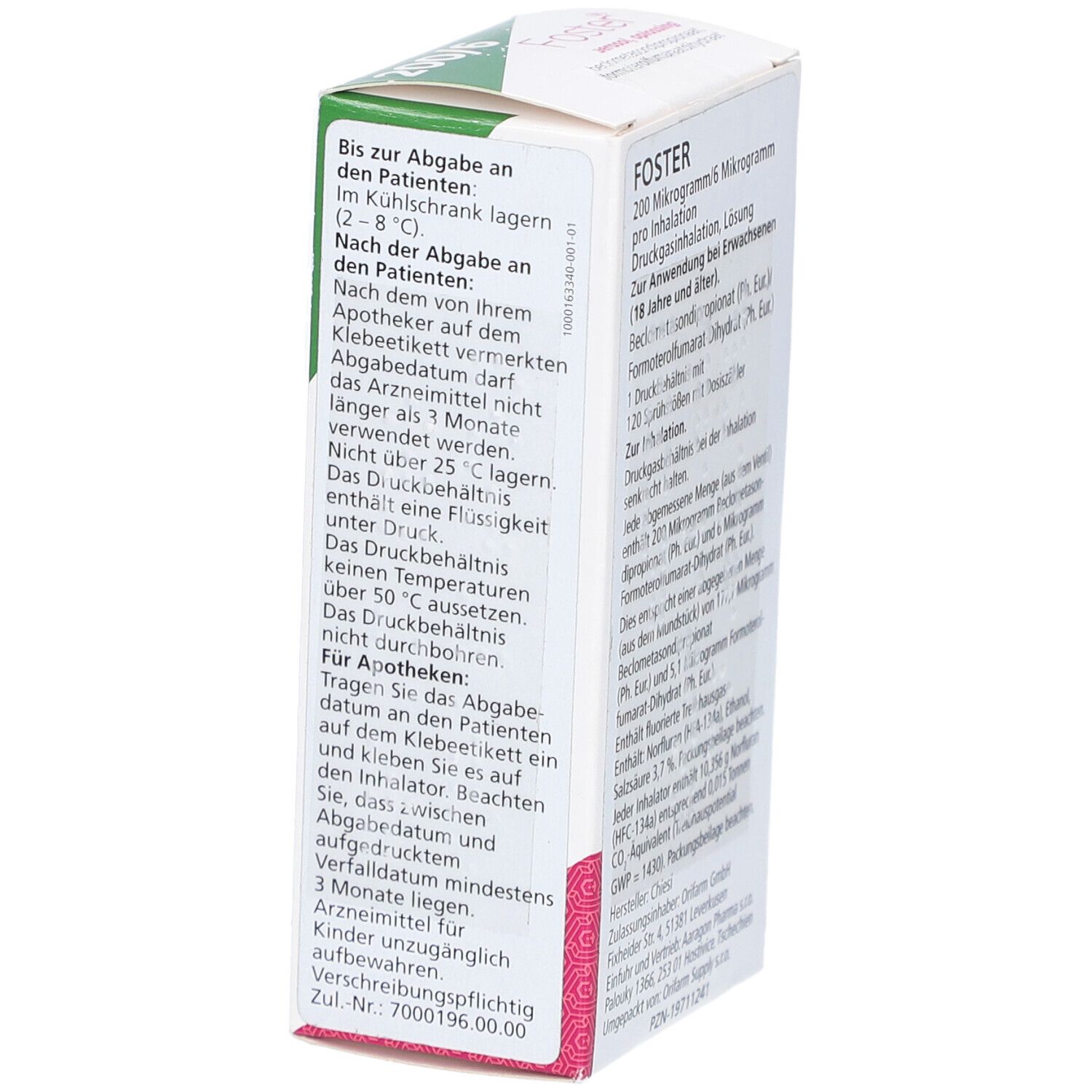 Seitenansicht der Foster 200/6 Verpackung. Weiß mit Text. Enthält Informationen zur Lagerung und das Chiesi-Logo.