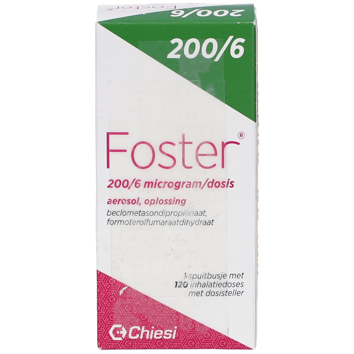 Foster 200/6 Verpackung. Rosa und weiß, mit grünem Deckel. Enthält Text und Logo von Chiesi. Zeigt Produktinformationen.